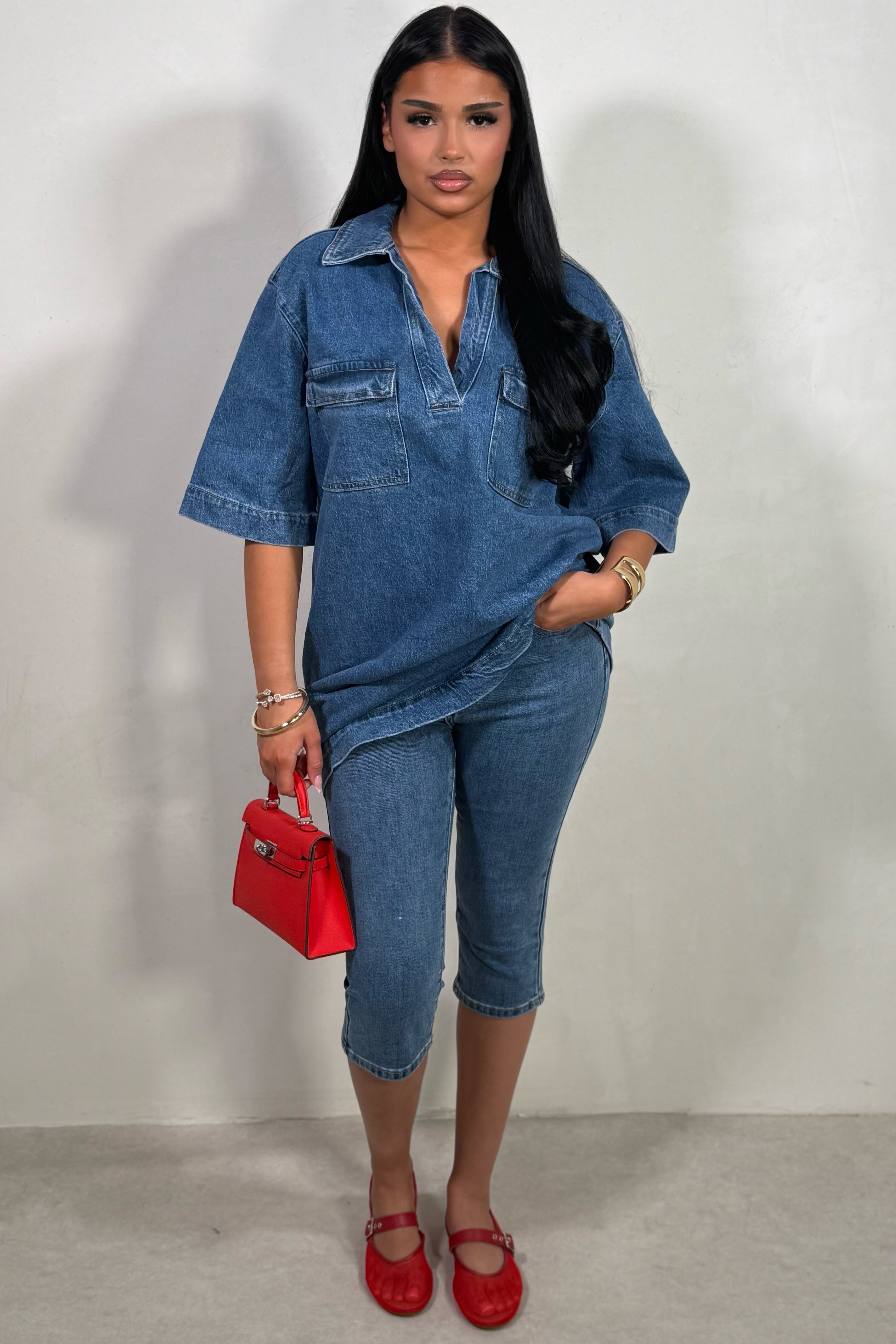 Robe Chemise Courte en Jean à Manches Mi-Longues pour Femme