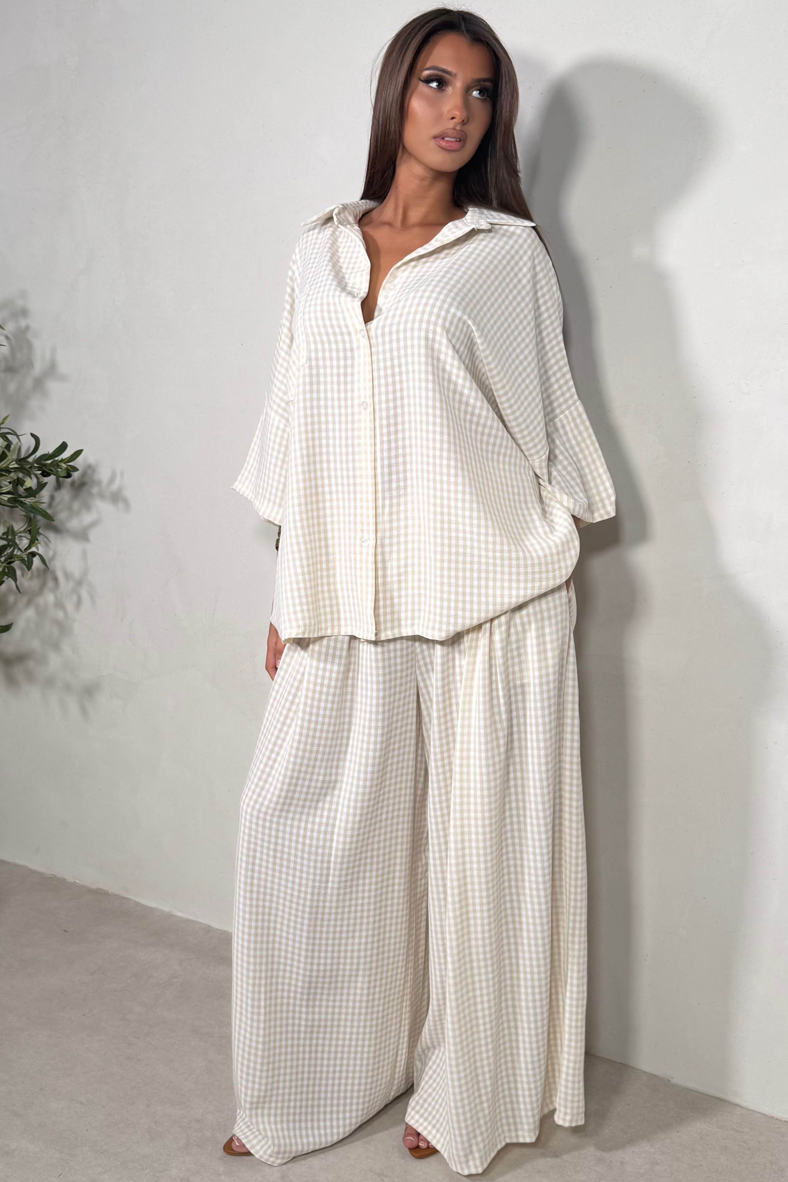 Ensemble chemise pantalon large vichy coloris beige