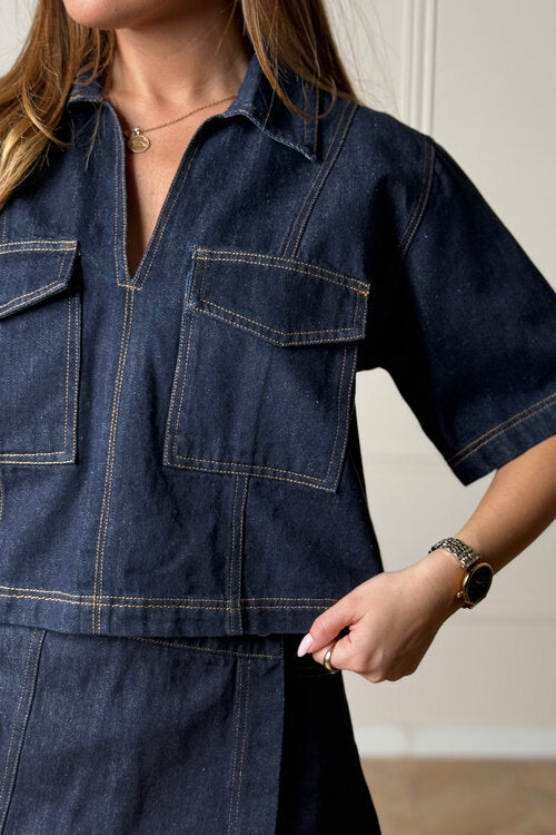 Top Denim Col V + Poches