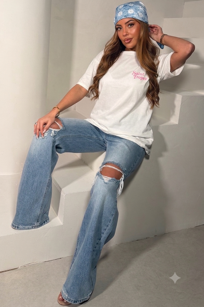 T-shirt Oversize Femme – Imprimé Rétro Saint-Tropez | Blanc, Rose & Orange