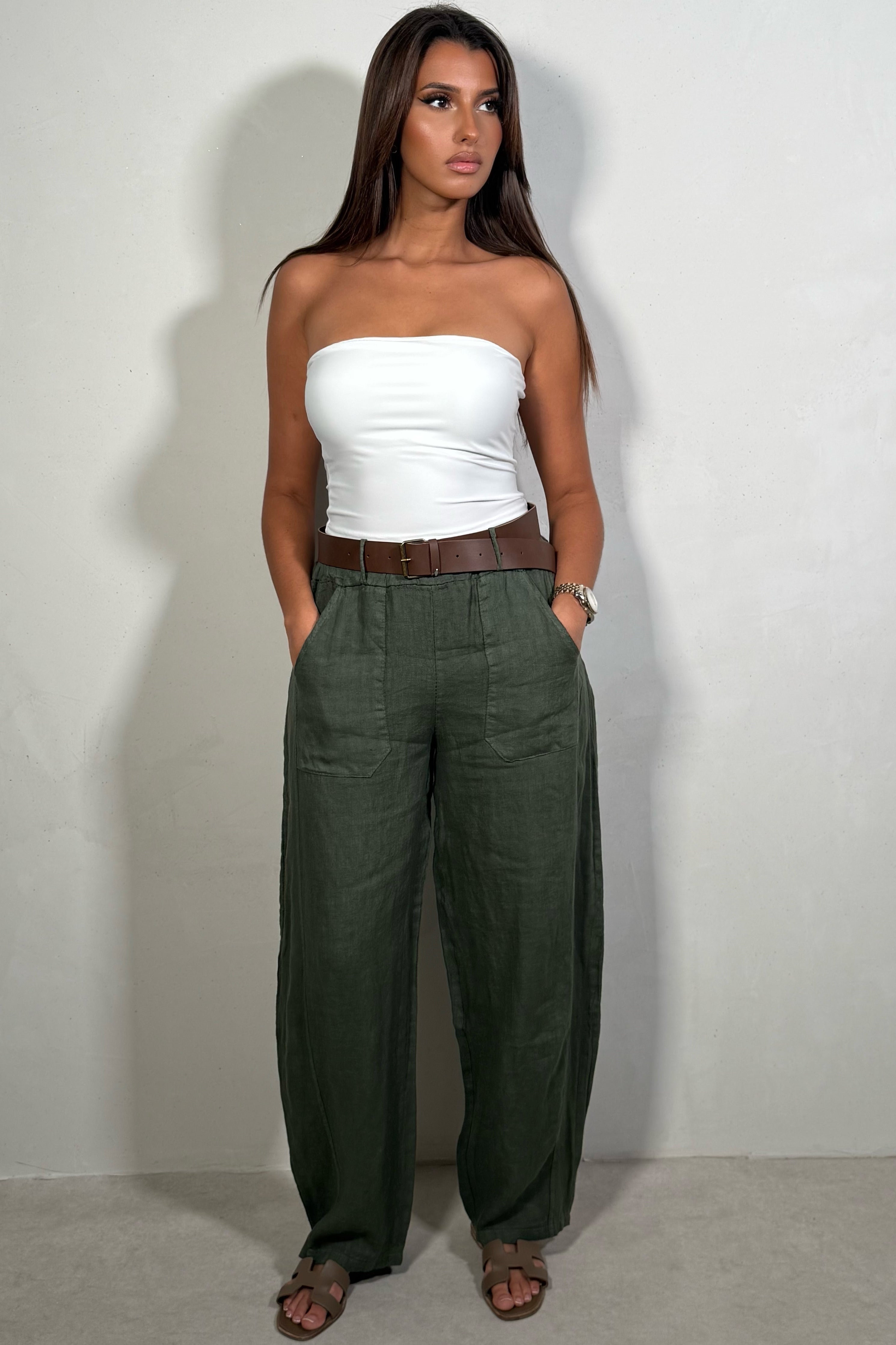 Pantalon en Lin Coupe Barrel Femme avec Ceinture - Style Tendance