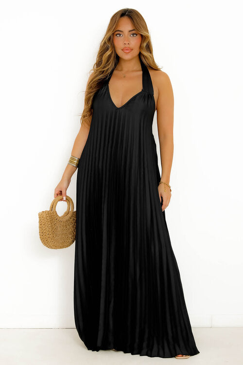 Robe Plissée Satinée Dos Nu Noir