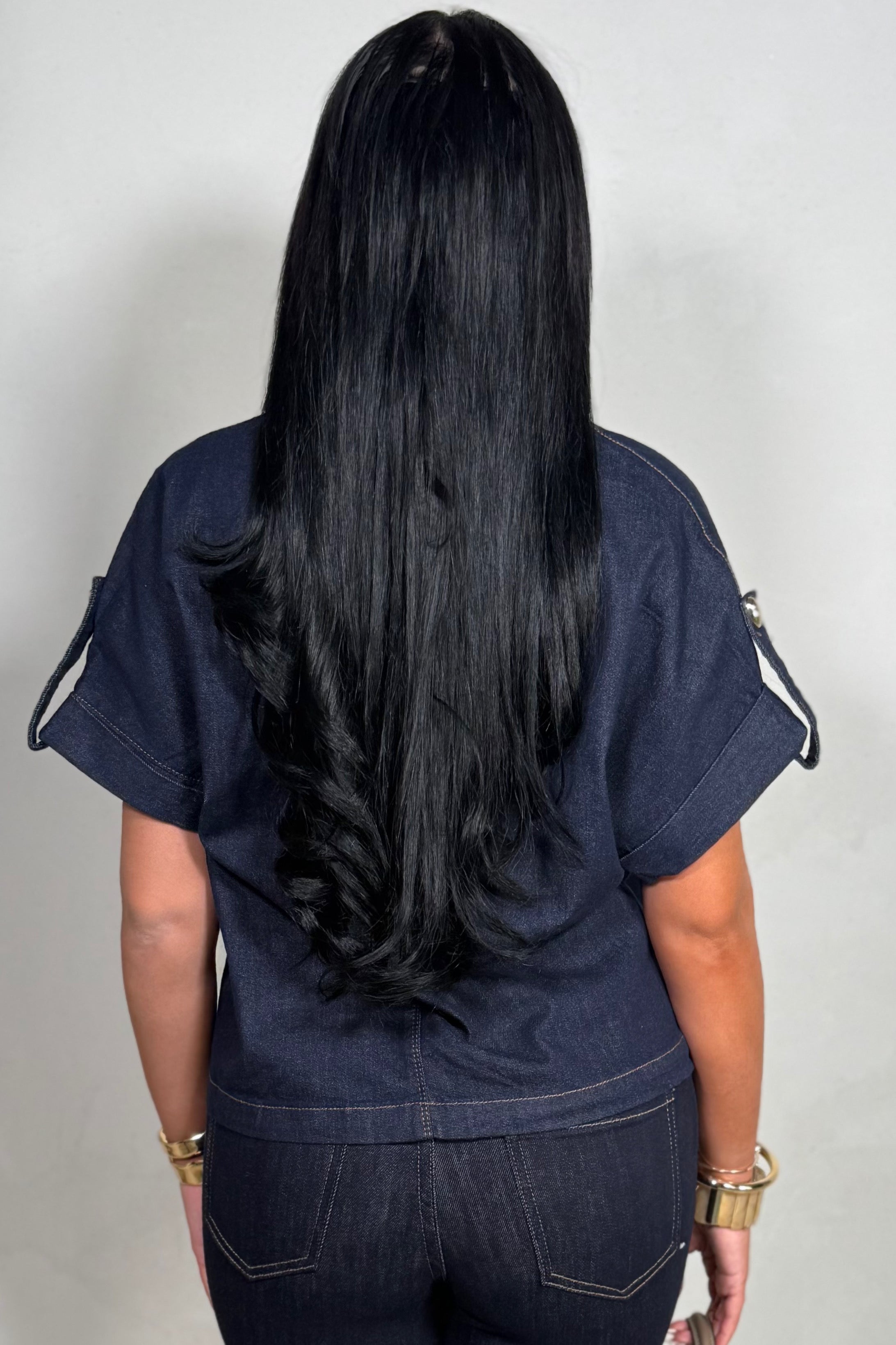 Top Chemise Denim à Manches Courtes et Boutons Dorés