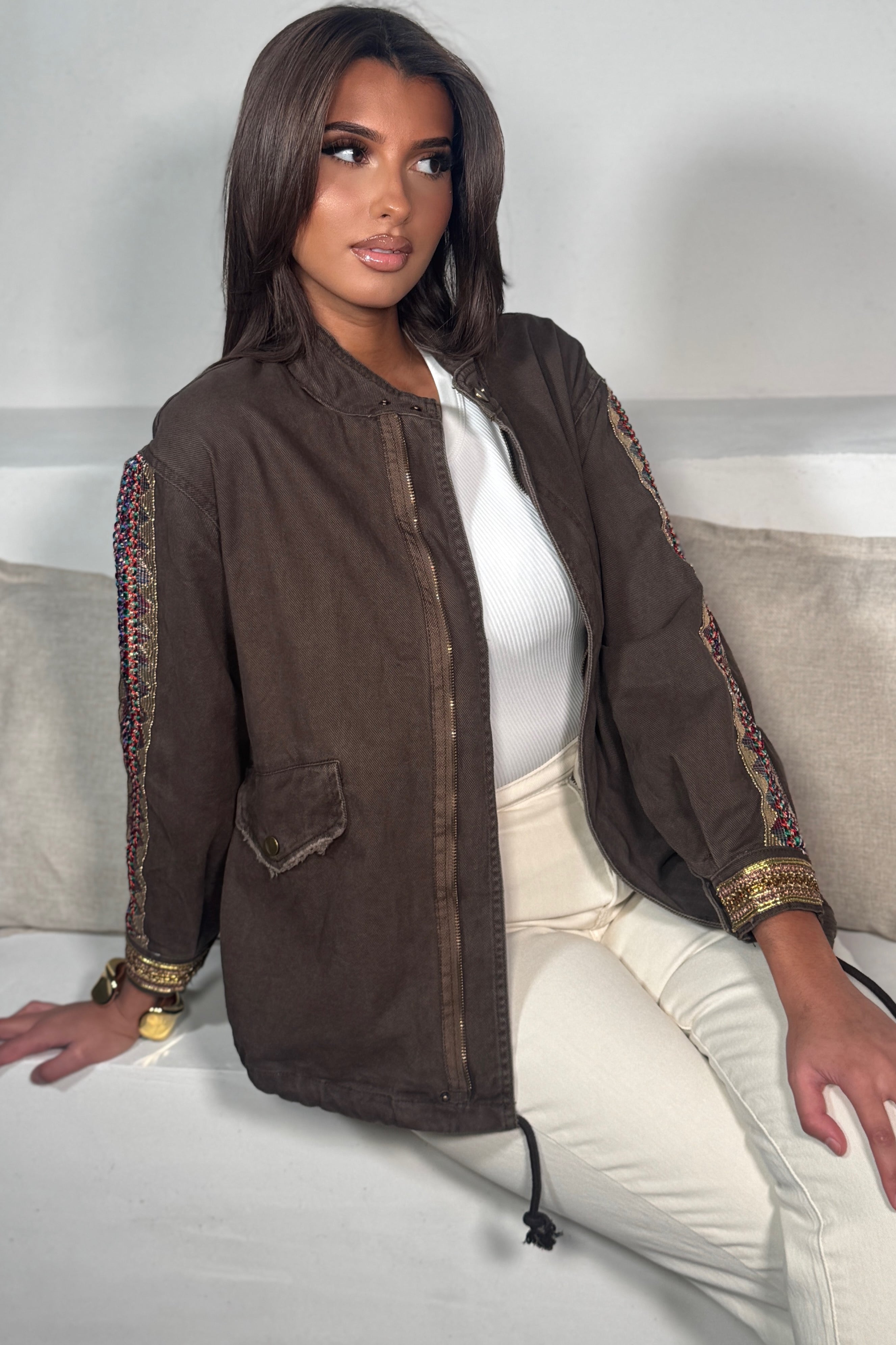 Veste en jean ornements marron femme
