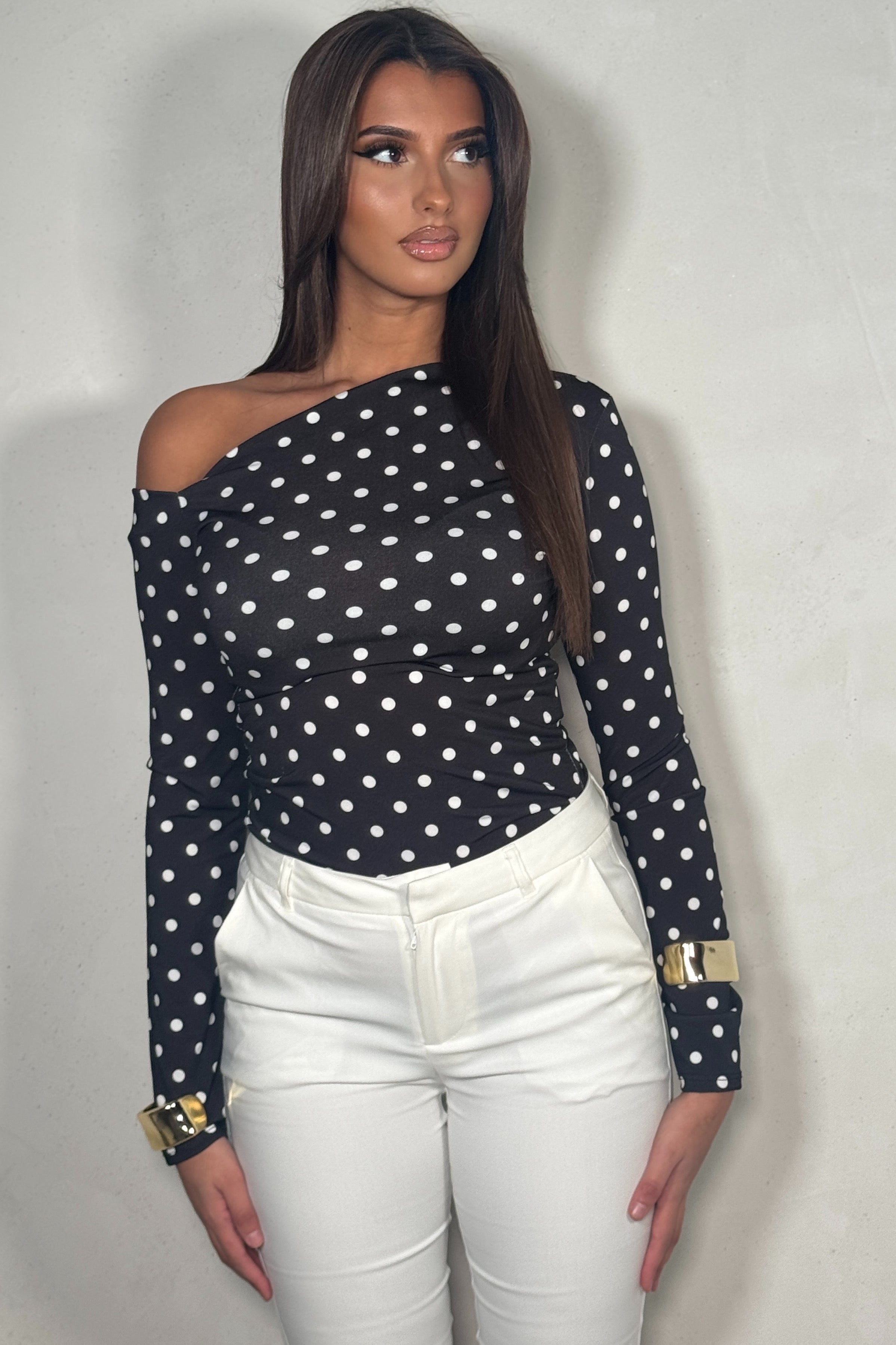 Top à pois manches longues noir femme