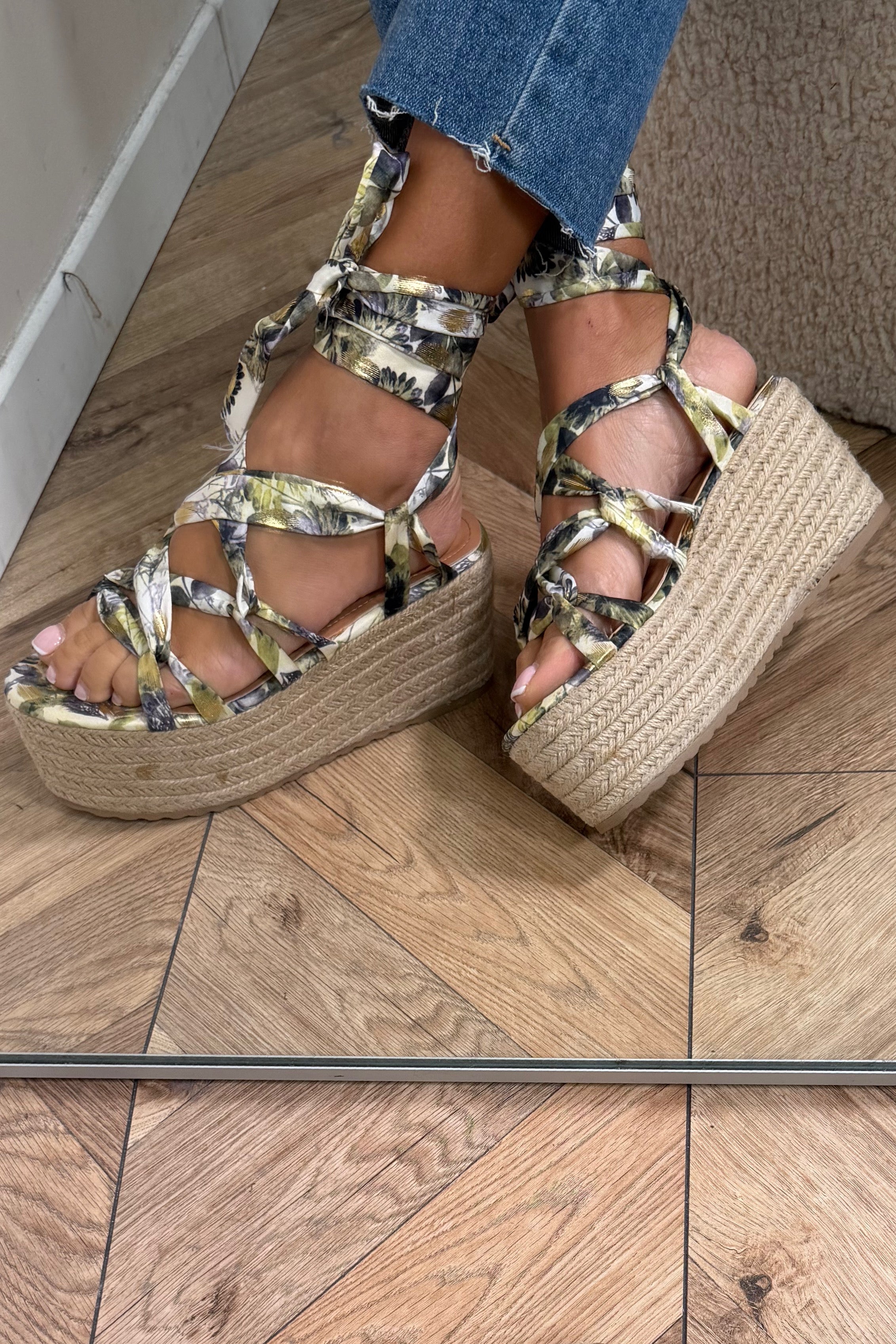 Espadrilles en Pailles + Lanière Imprimée Femme