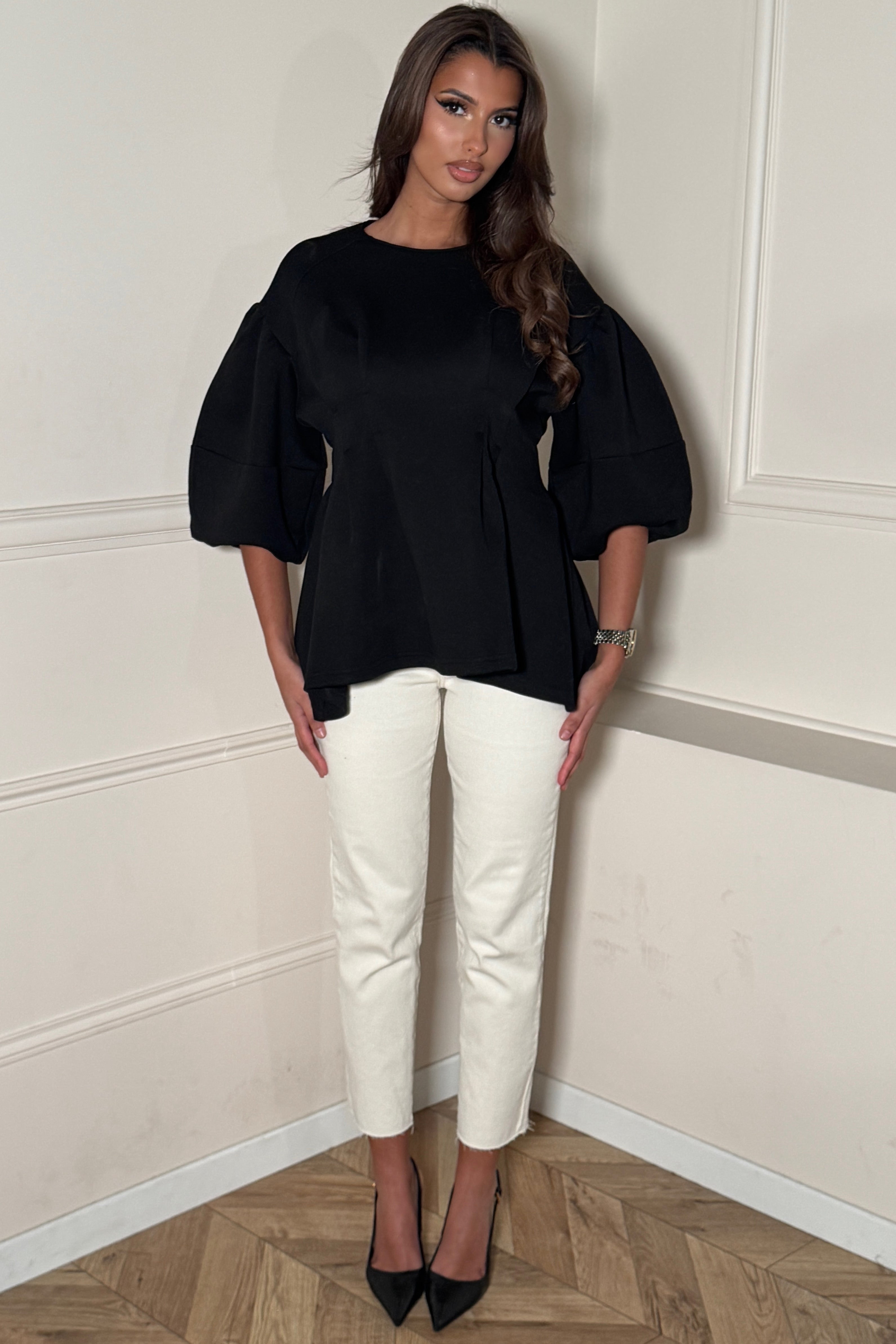 Top péplum manches ballon femme - vue de face portée par mannequin