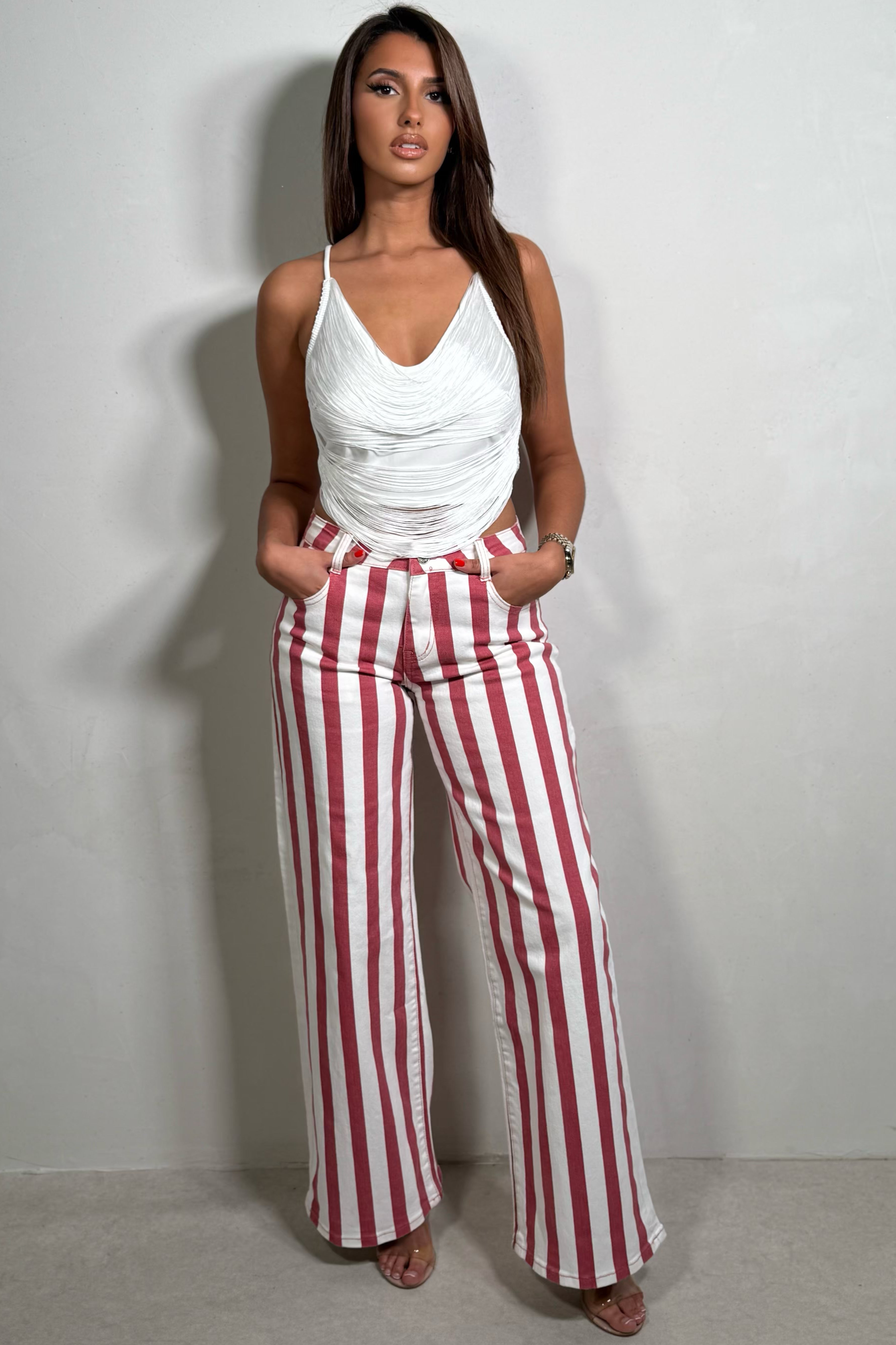Jean Large à Rayures – Coupe Relaxed Vieux Rose Femme