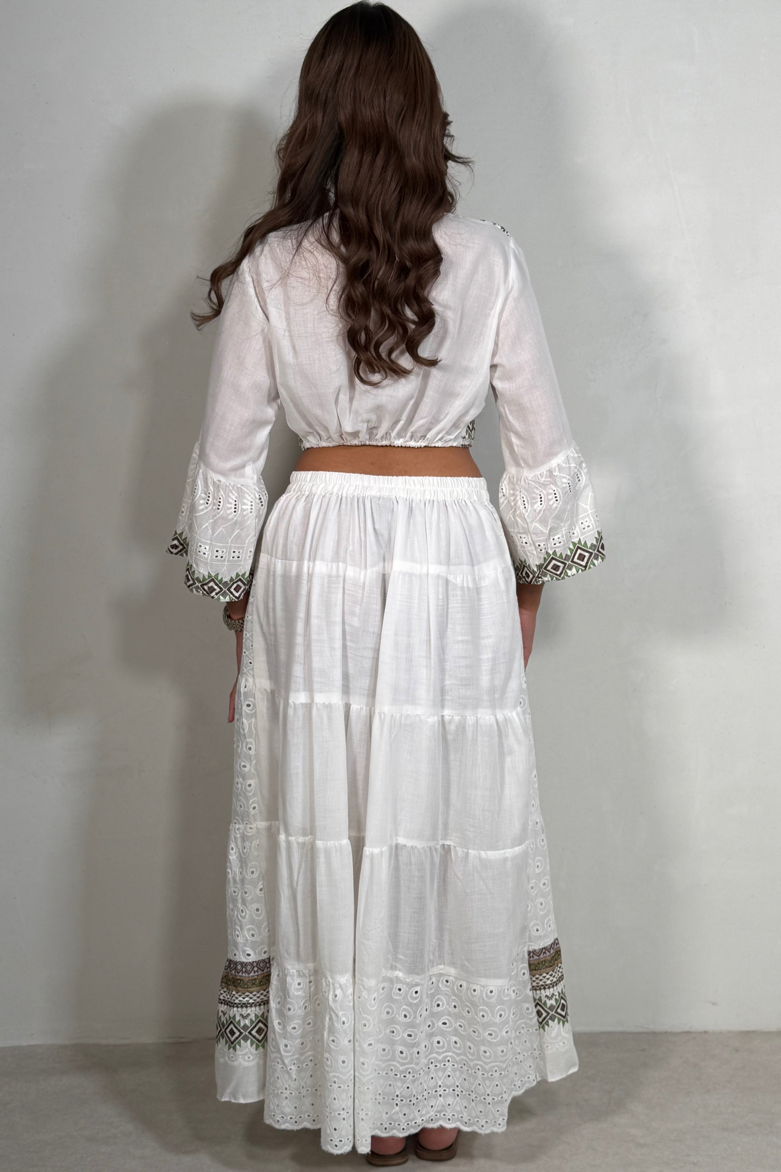Ensemble Bohème Broderie Anglaise - Top Noué & Jupe Longue Coton 100%