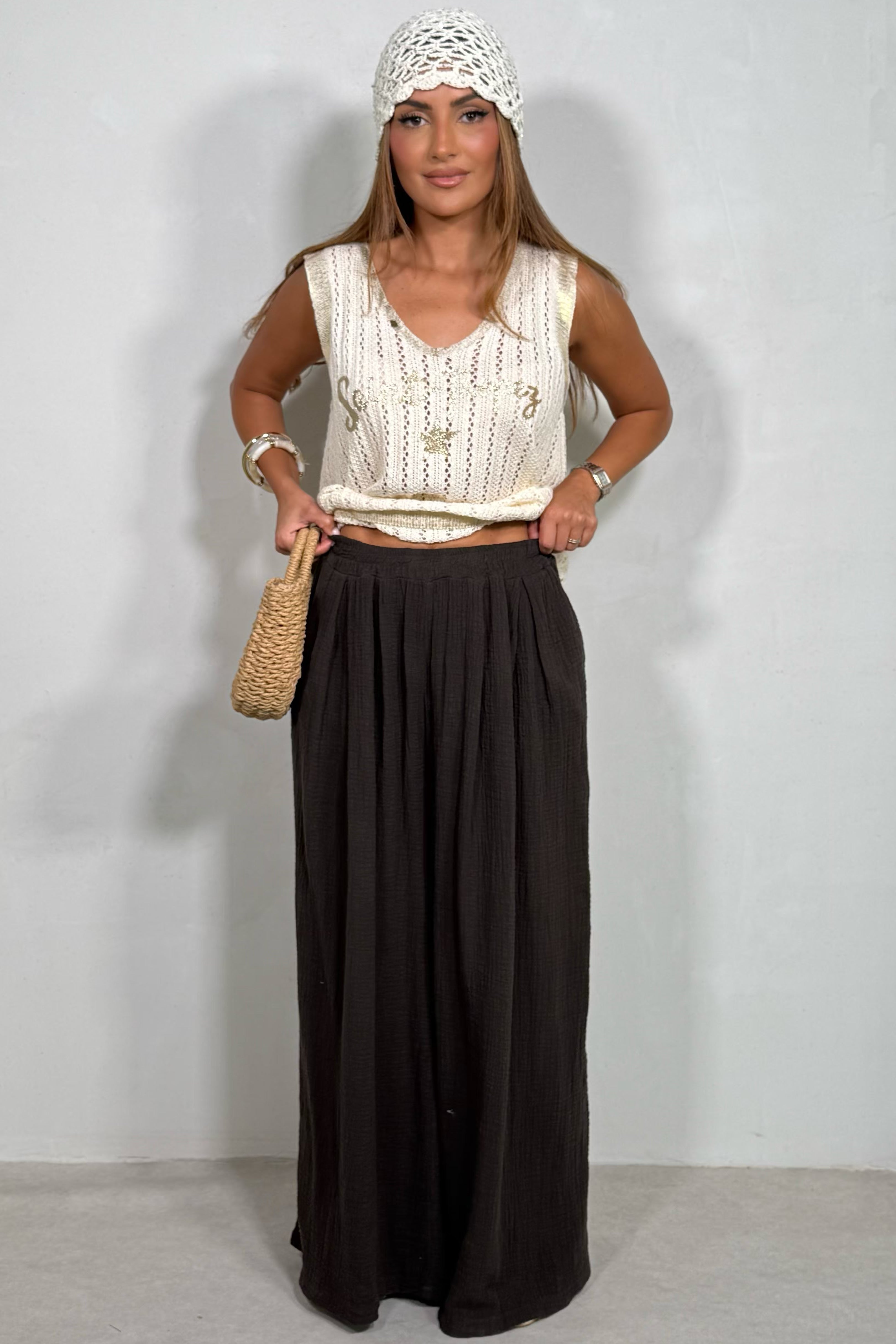 Pantalon Palazzo Femme en Mousseline de Coton Texturée Marron
