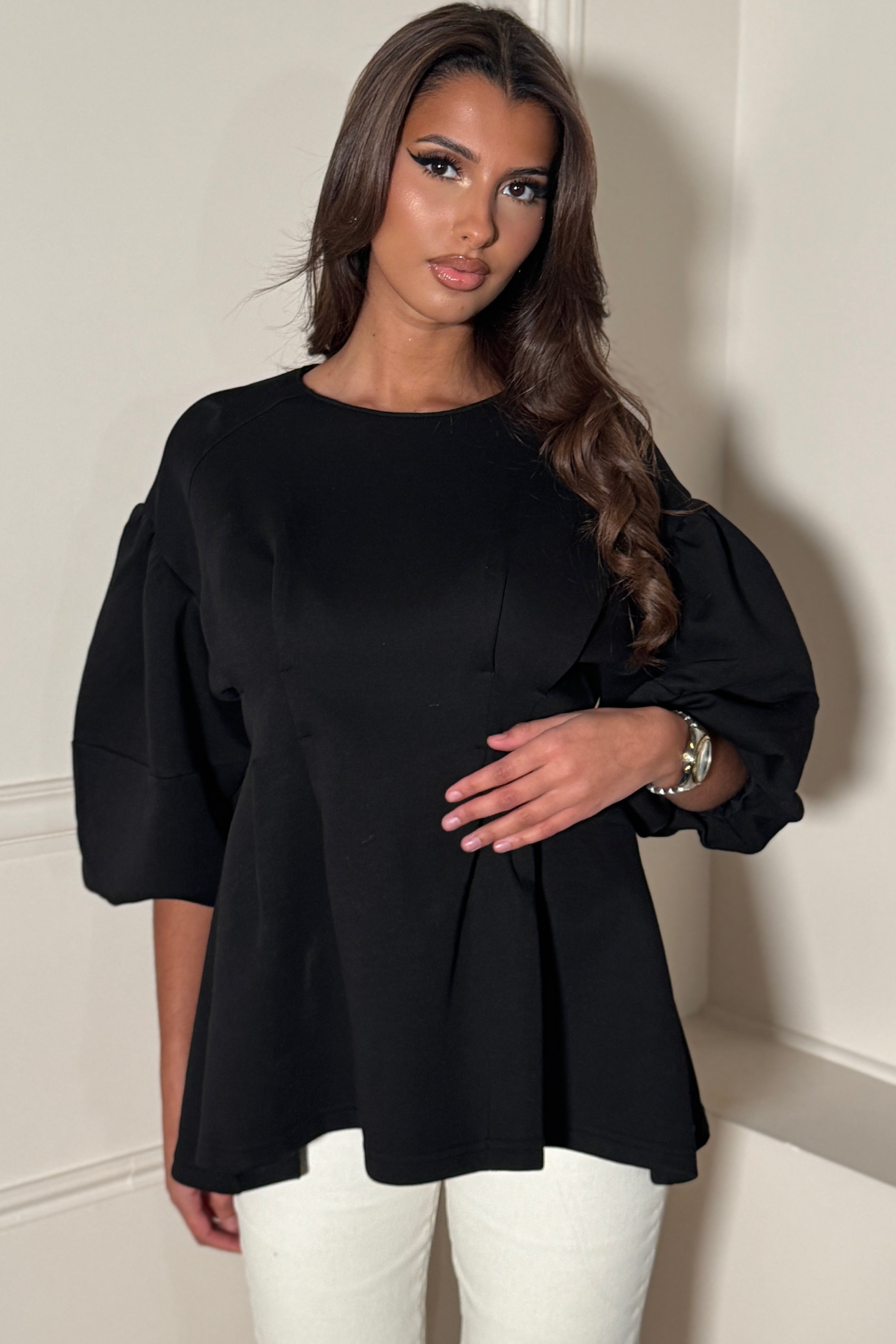 Top Péplum Manches Ballon Femme Élégant - BLOOSHOP