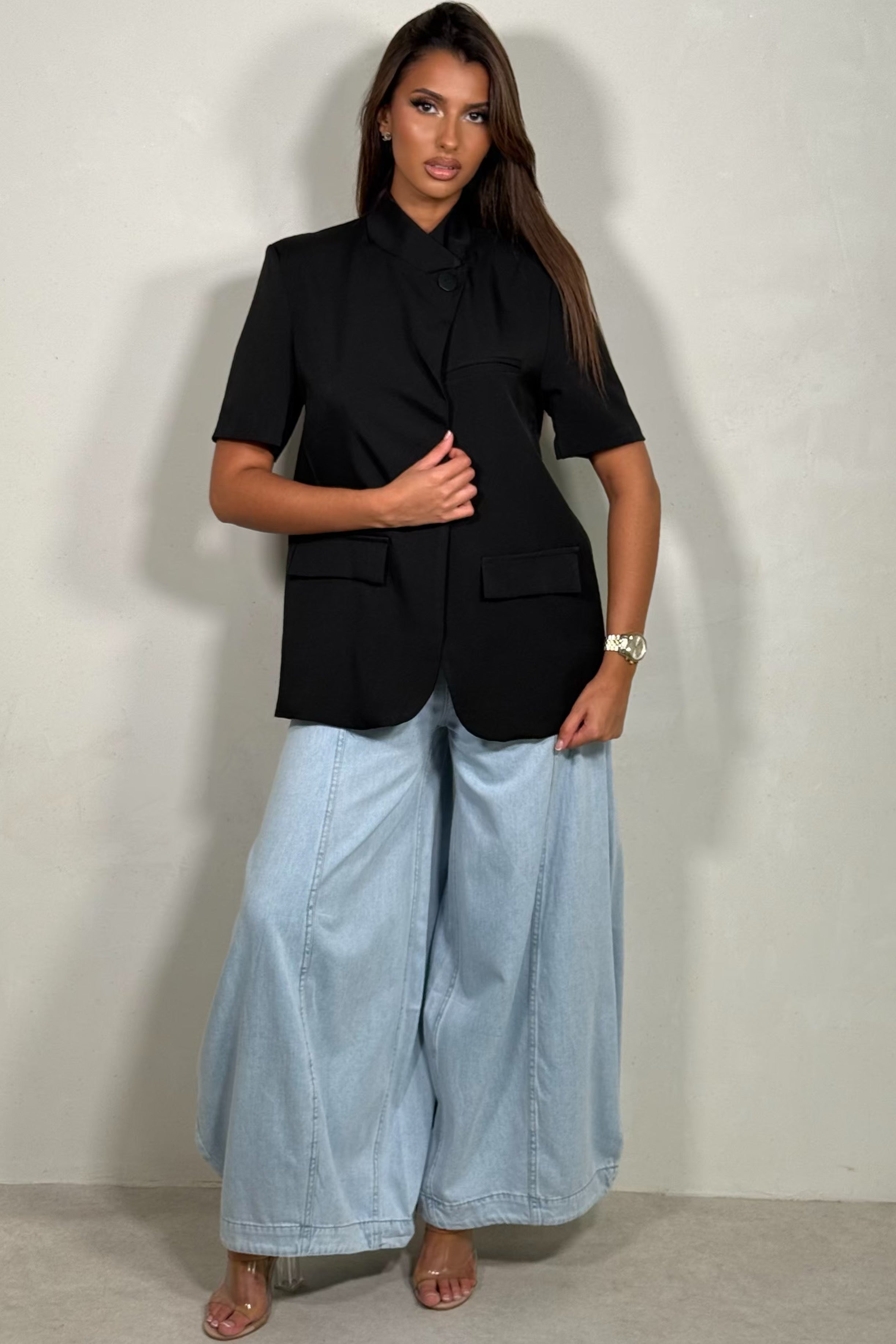 Veste Blazer Femme à Manche courte, Dos Croisé et Fendu