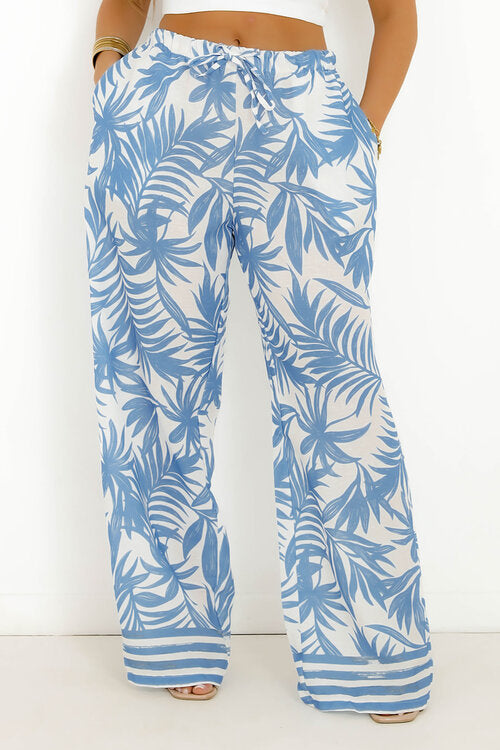 Pantalon Effet Lin Imprimé Végétal