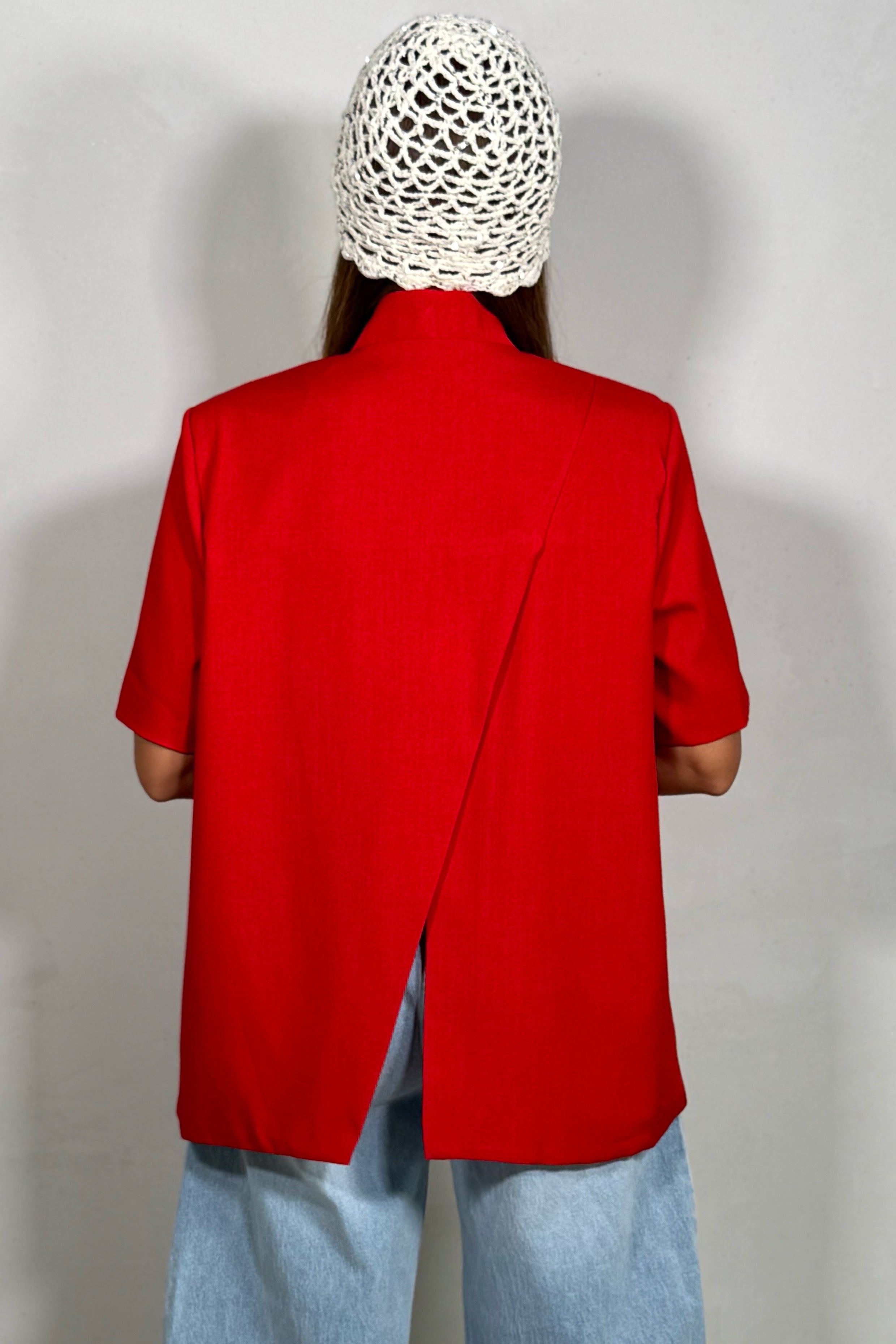 Veste Blazer Femme à Manche courte, Dos Croisé et Fendu