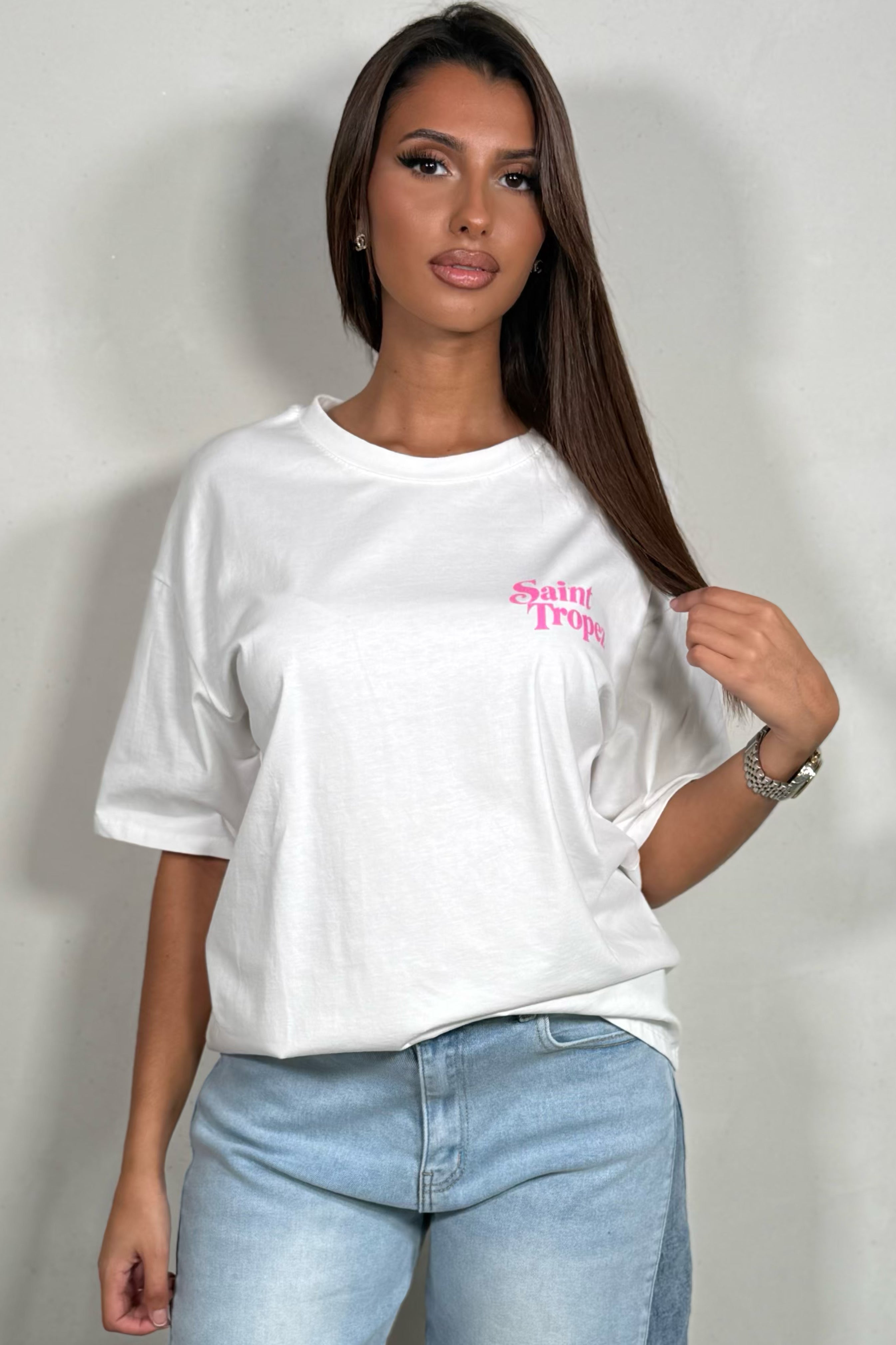 T-shirt Oversize Femme – Imprimé Rétro Saint-Tropez | Blanc, Rose & Orange