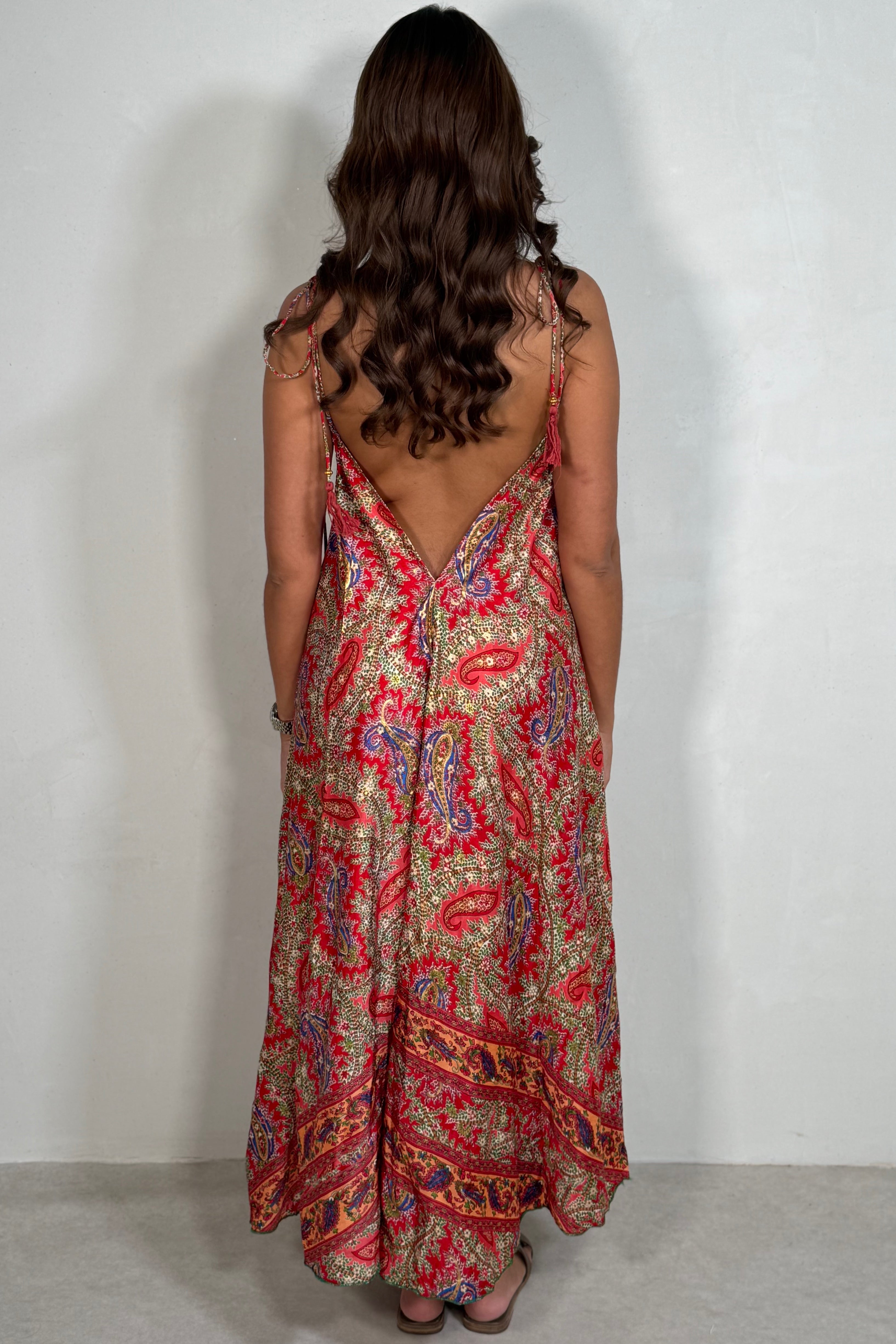 Robe Longue Bohème Imprimé Cachemire - Soie 100% | Bretelles Fines
