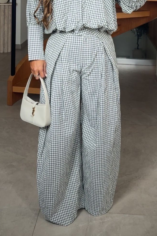 Pantalon Large Taille Haute à Carreaux avec Plis d'Aisance pour Femme