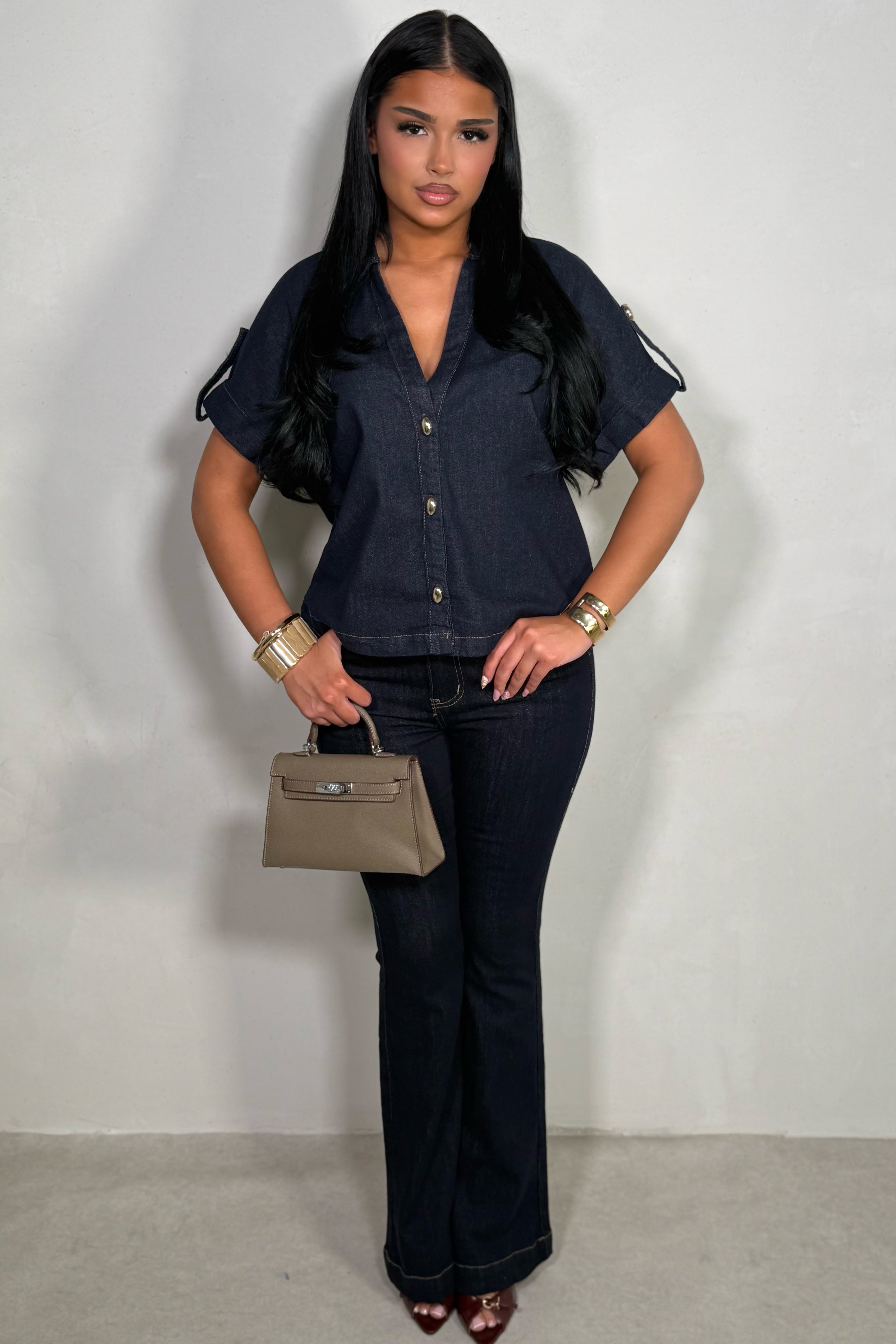 Top Chemise Denim à Manches Courtes et Boutons Dorés