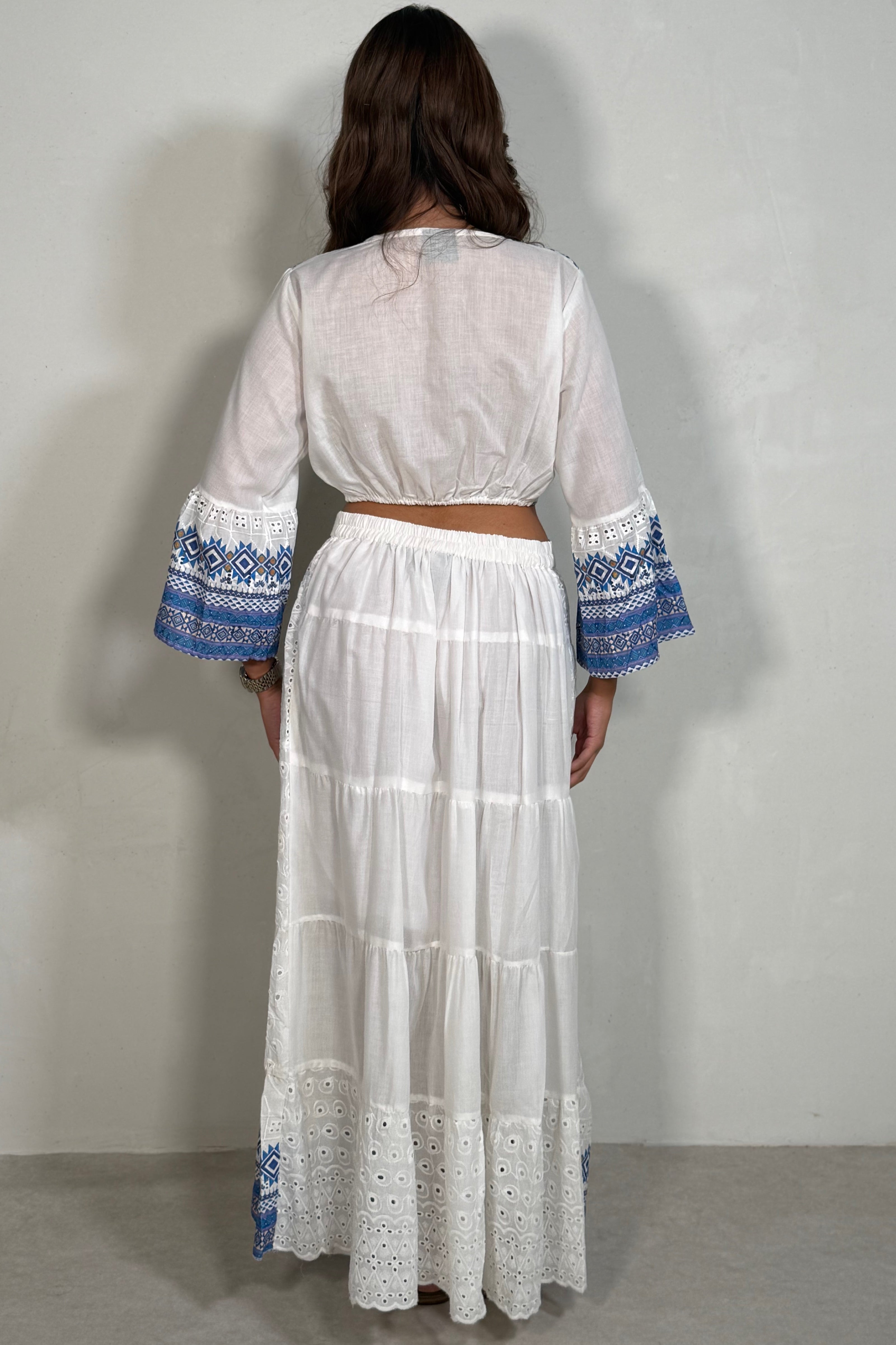 Ensemble Bohème Broderie Anglaise - Top Noué & Jupe Longue Coton 100%