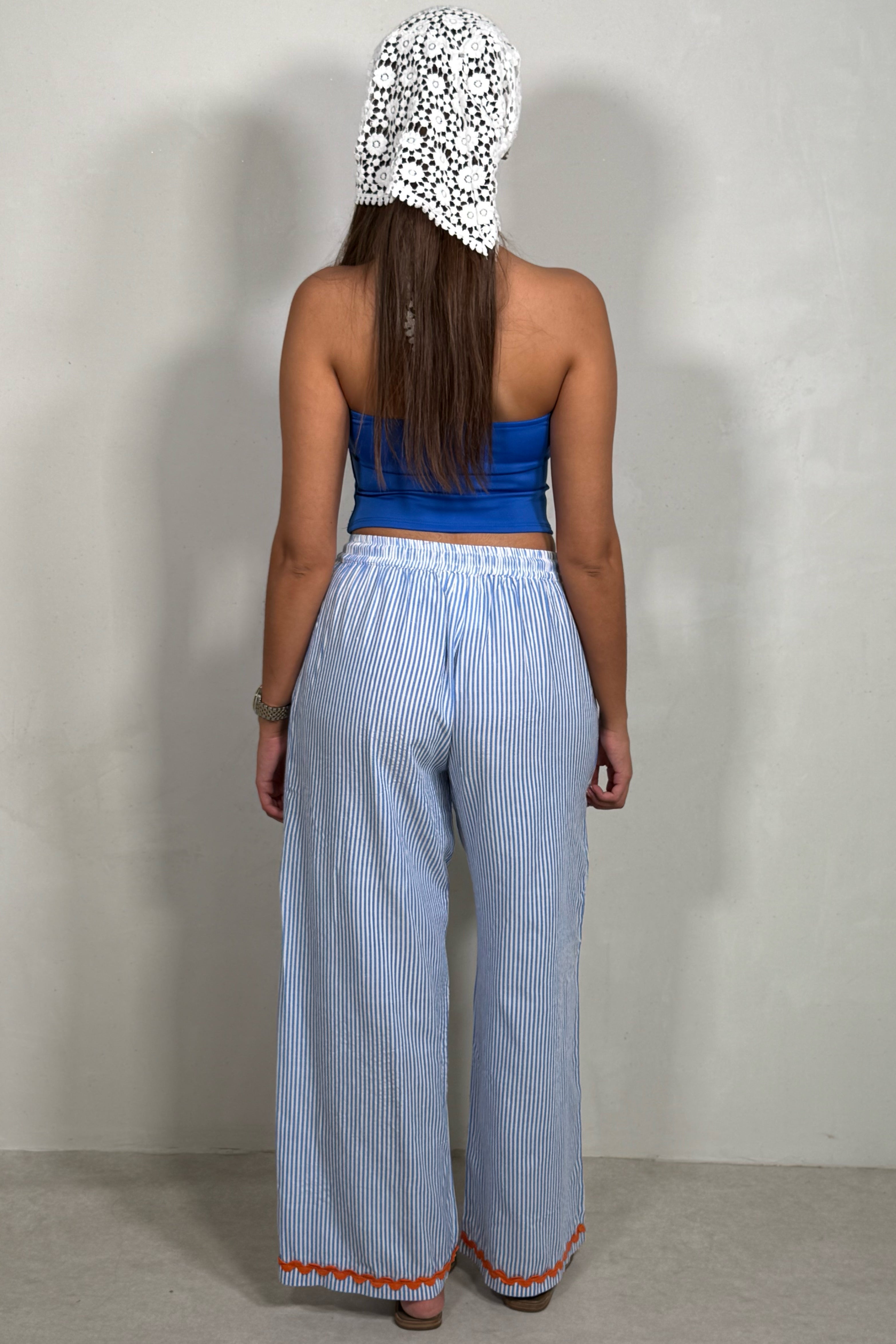 Pantalon Fluide Rayé Bleu & Blanc avec Broderie – Femme