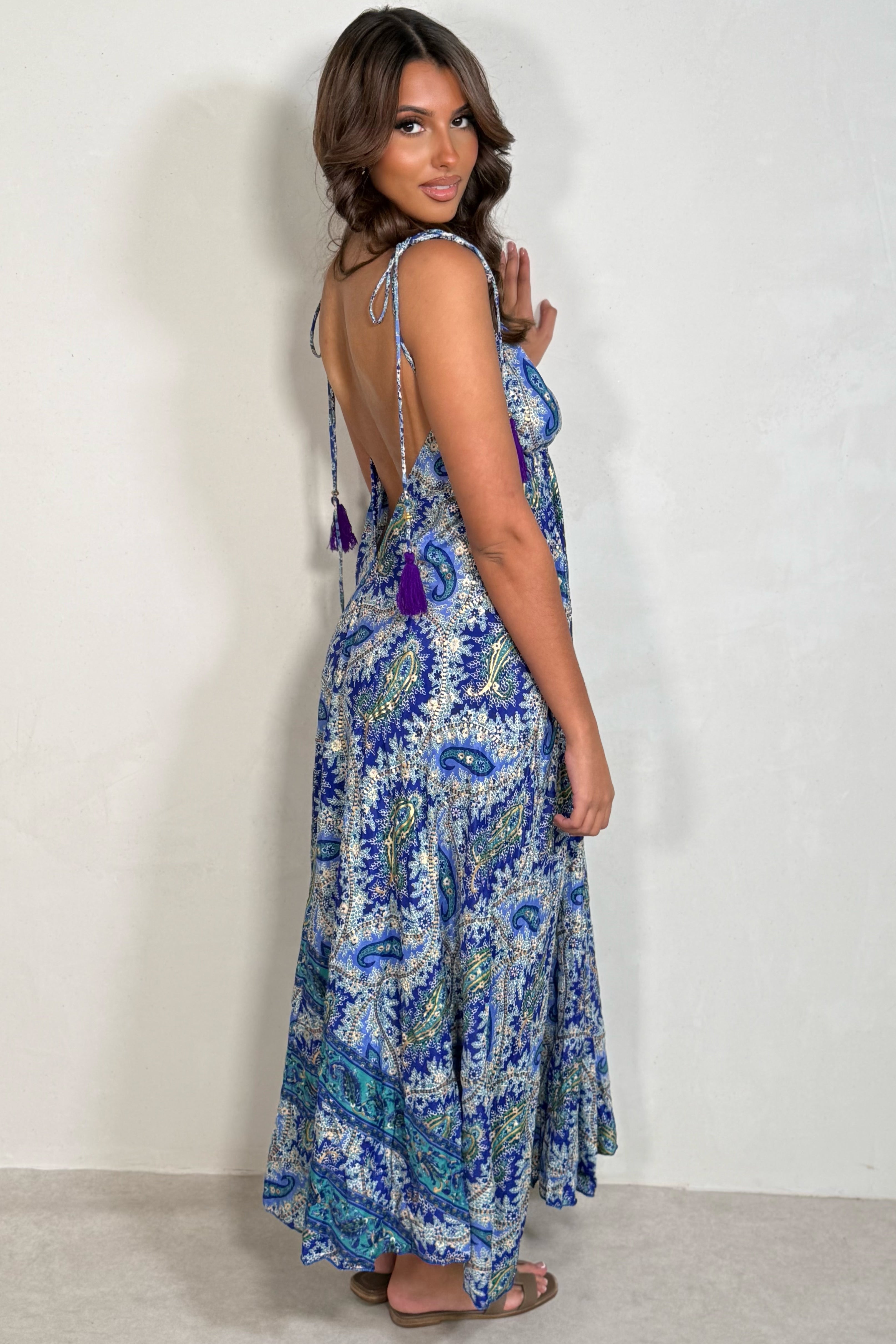 Robe Longue Bohème Imprimé Cachemire - Soie 100% | Bretelles Fines
