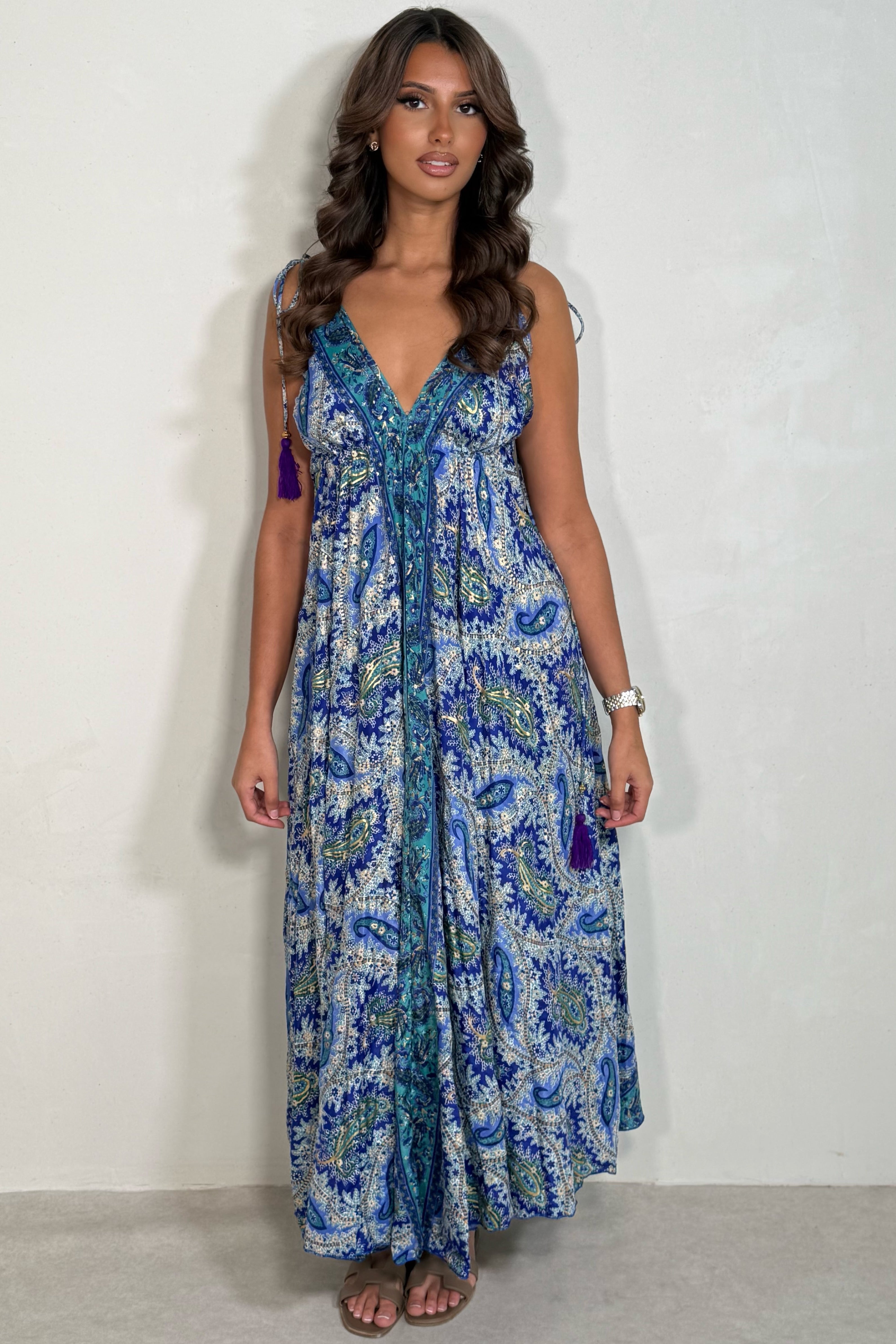 Robe Longue Bohème Imprimé Cachemire - Soie 100% | Bretelles Fines