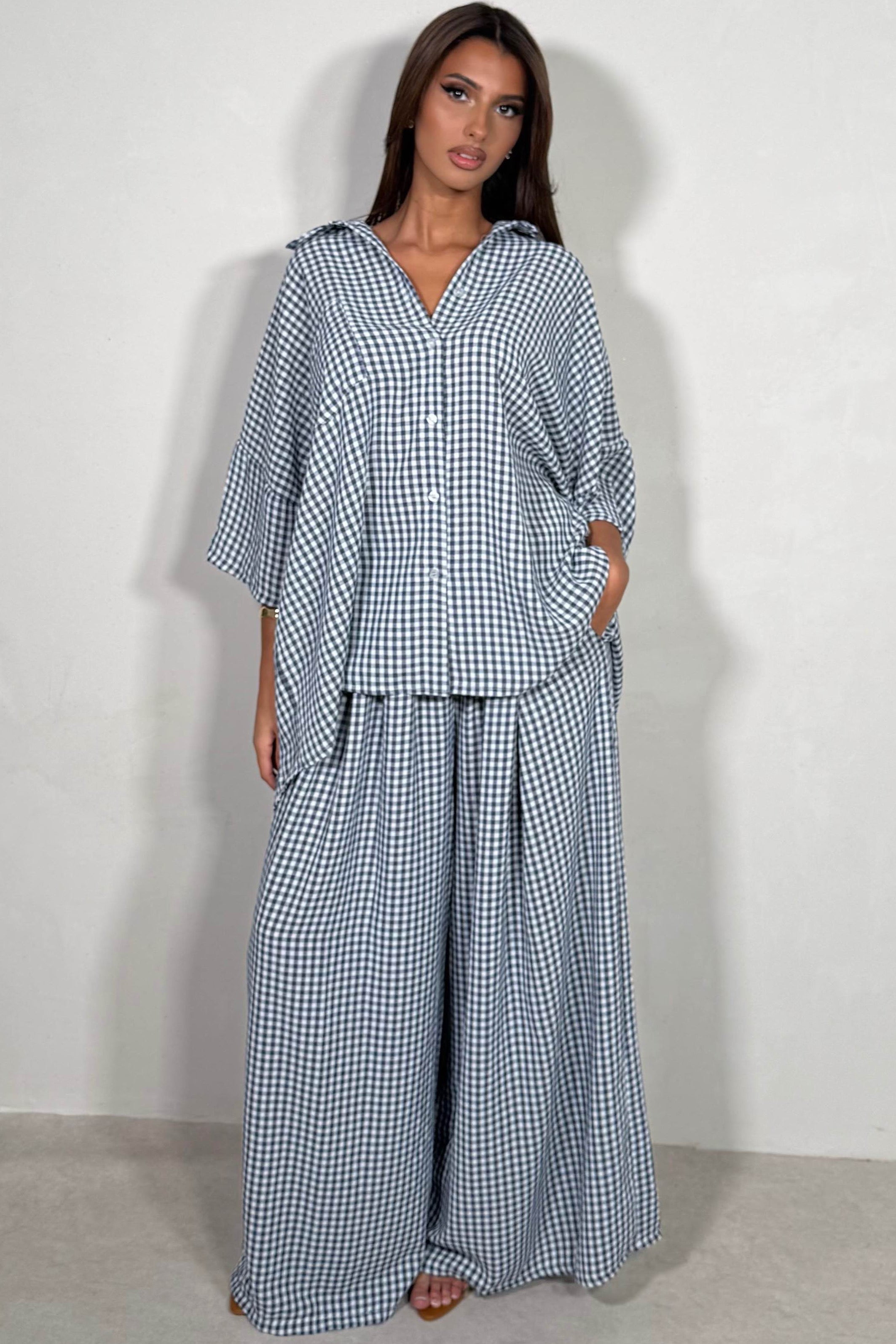 Ensemble Femme Chemise et Pantalon Large Vichy