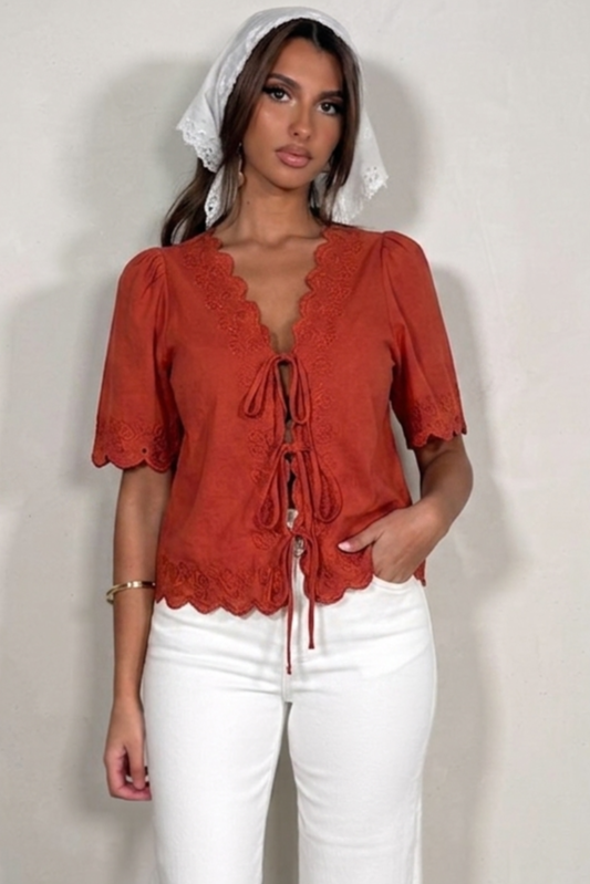 Chemisier Femme Noué Broderie - Style Bohème Chic