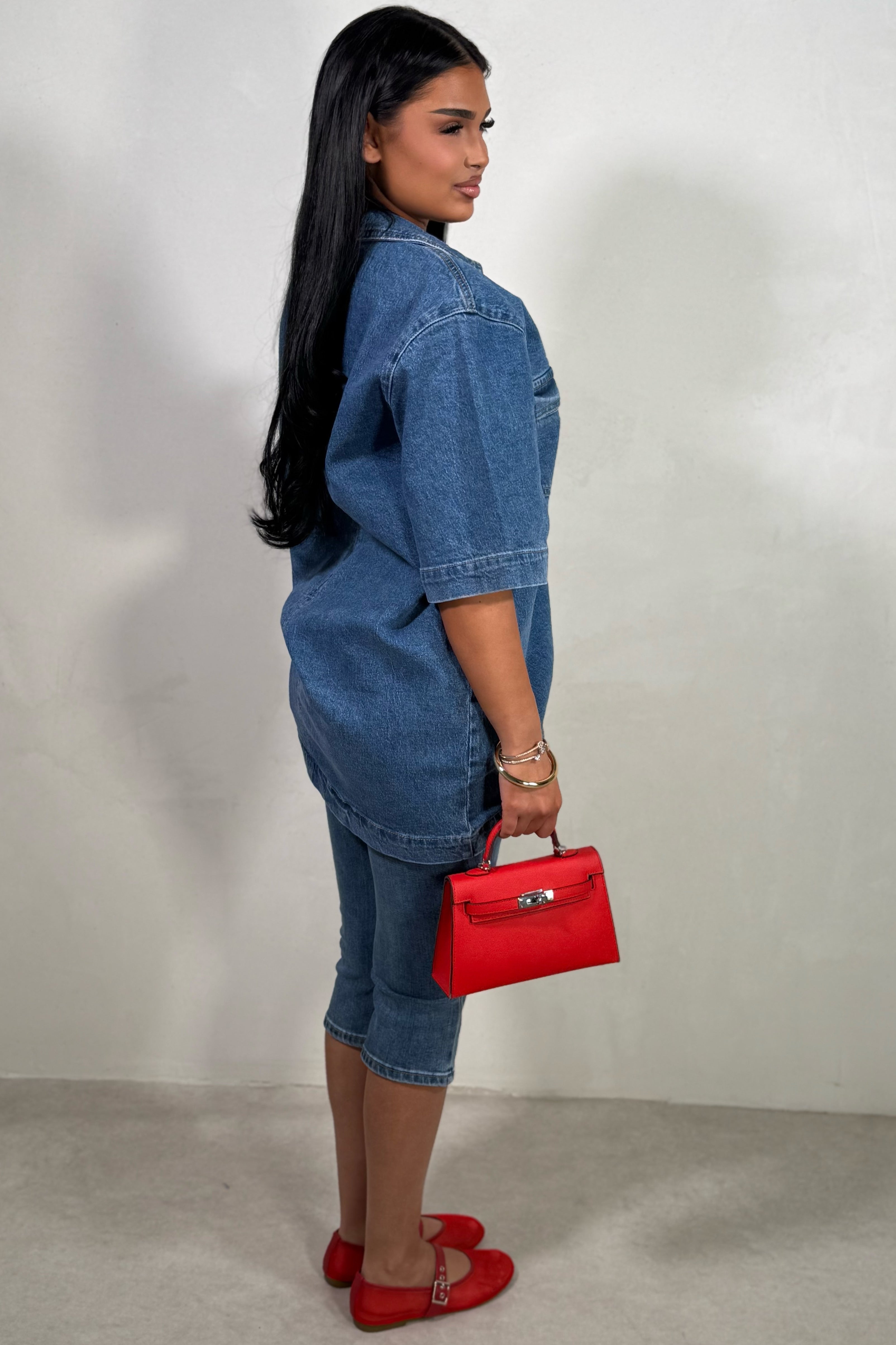 Robe Chemise Courte en Jean à Manches Mi-Longues pour Femme