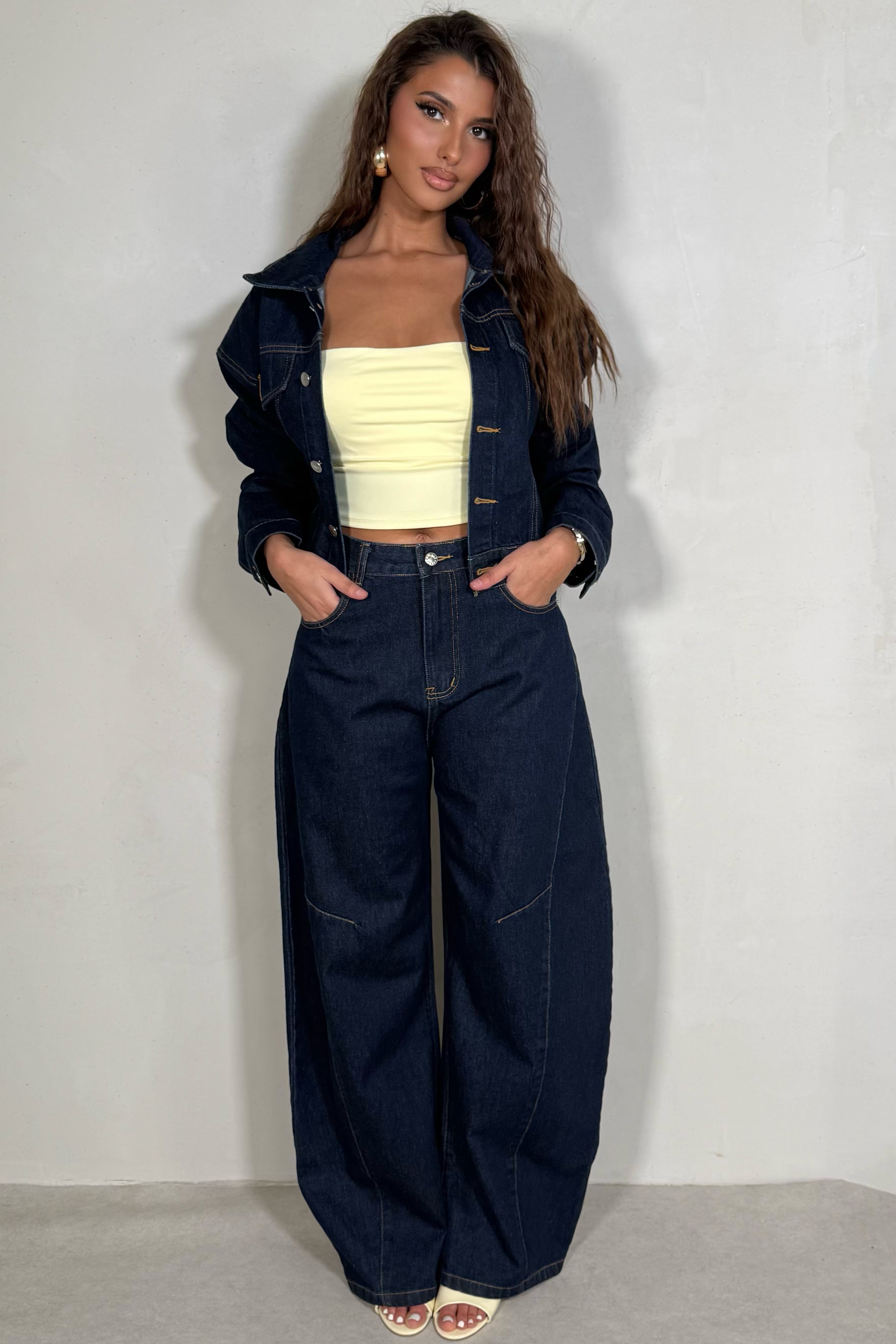 Ensemble denim veste et jeans ballon femme