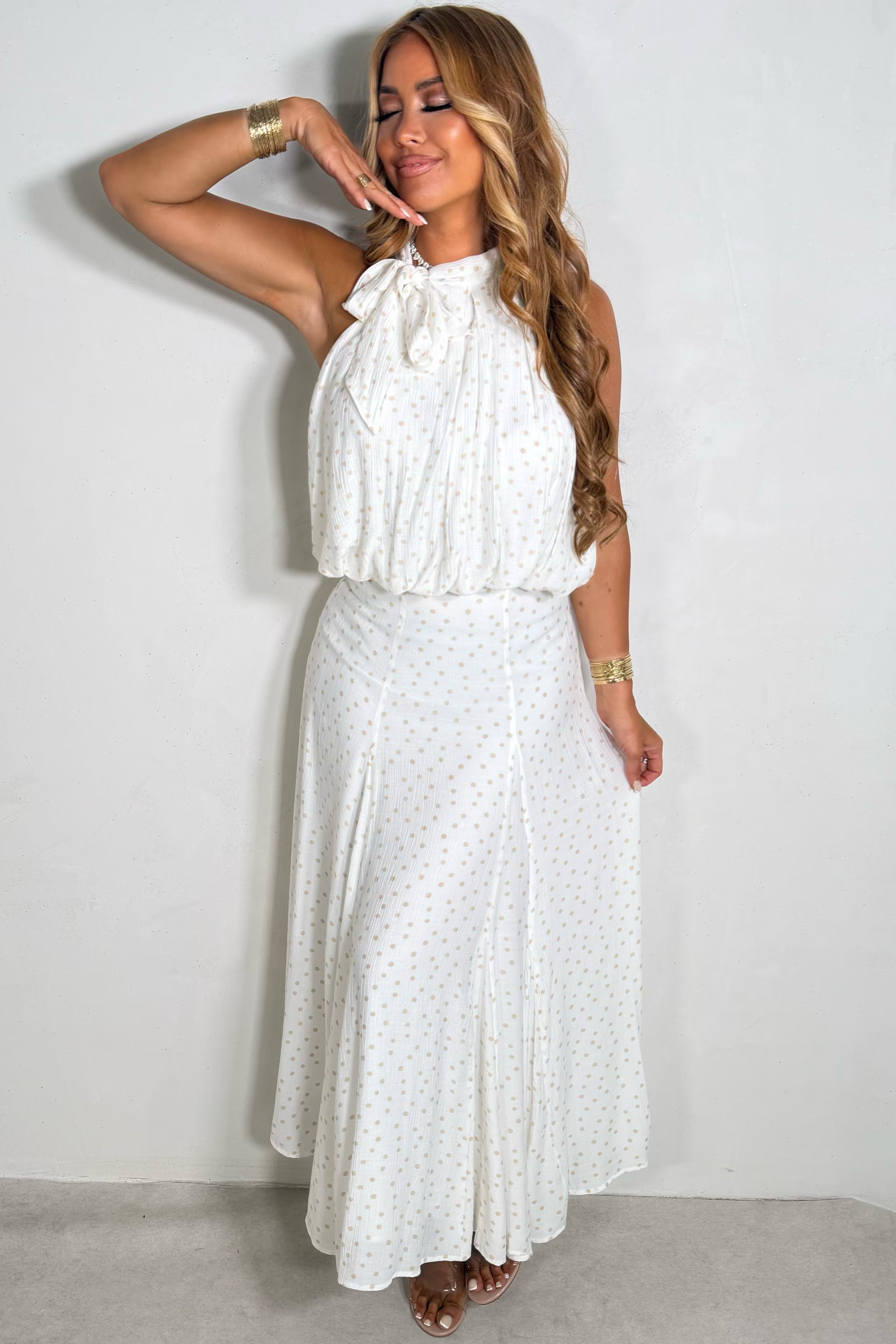 Jupe Longue Femme Blanche à Pois Dorée