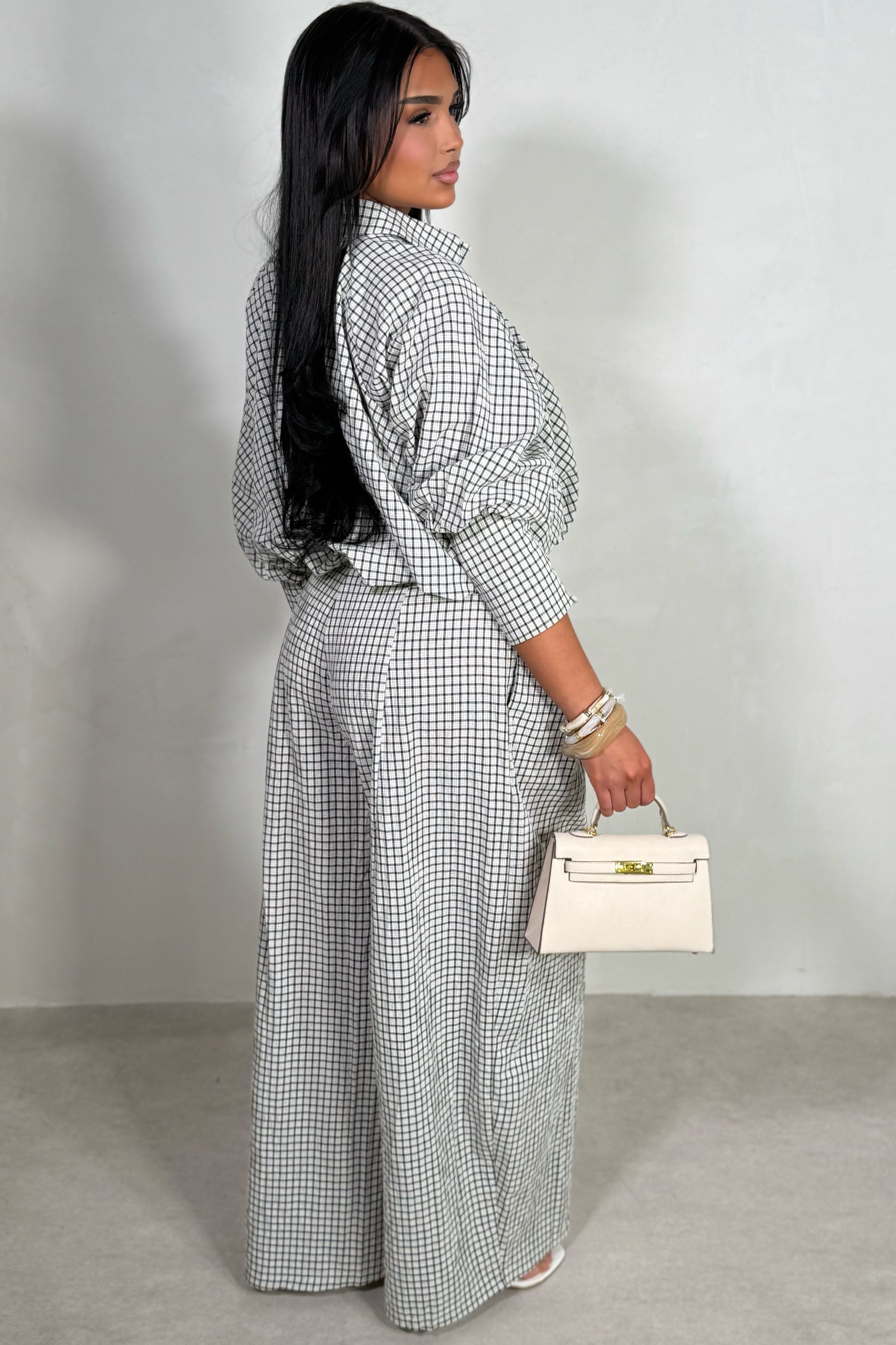 Pantalon Large Femme Taille Haute Carreaux – Plis d’Aisance 100% Coton