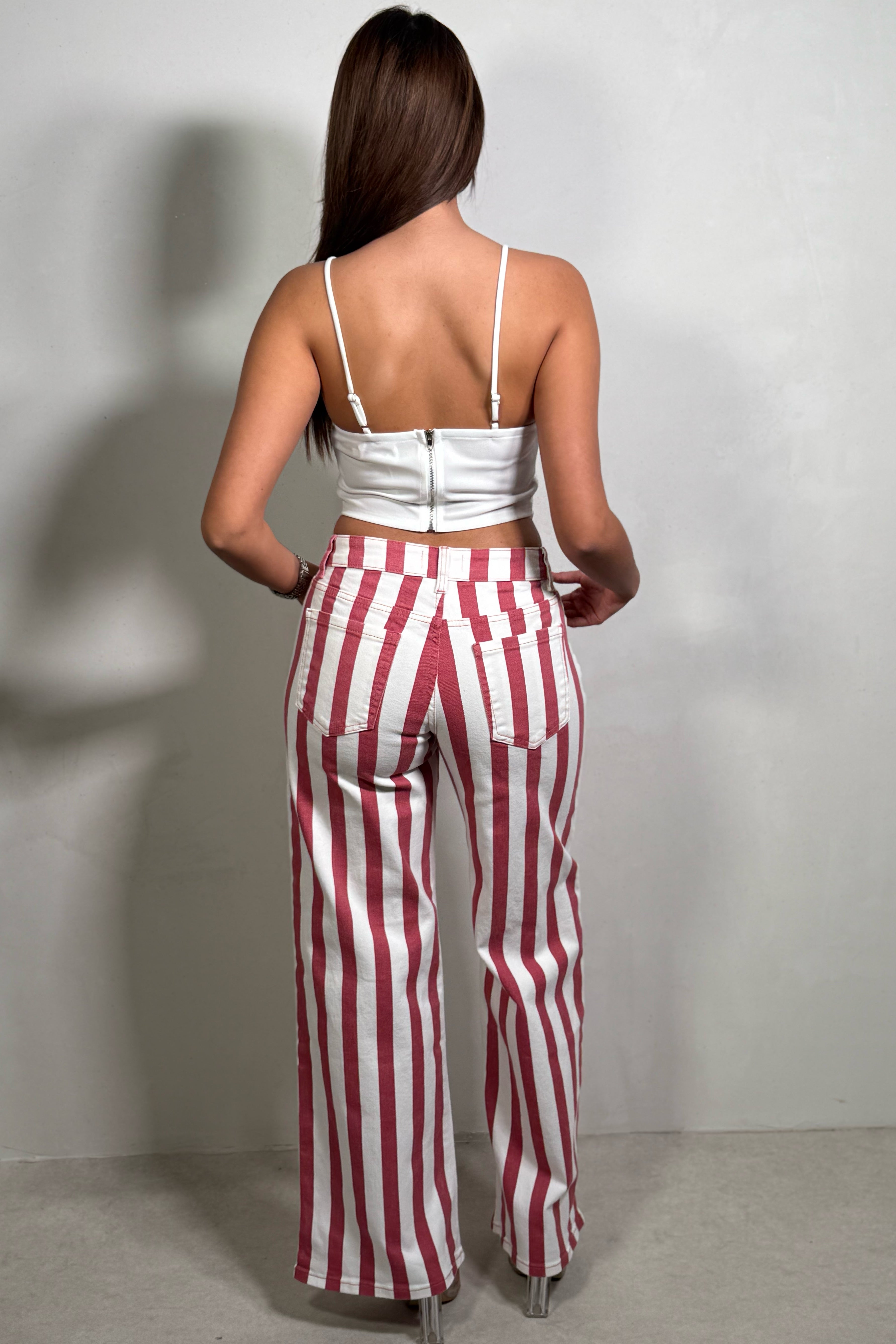 Jean Large à Rayures – Coupe Relaxed Vieux Rose Femme
