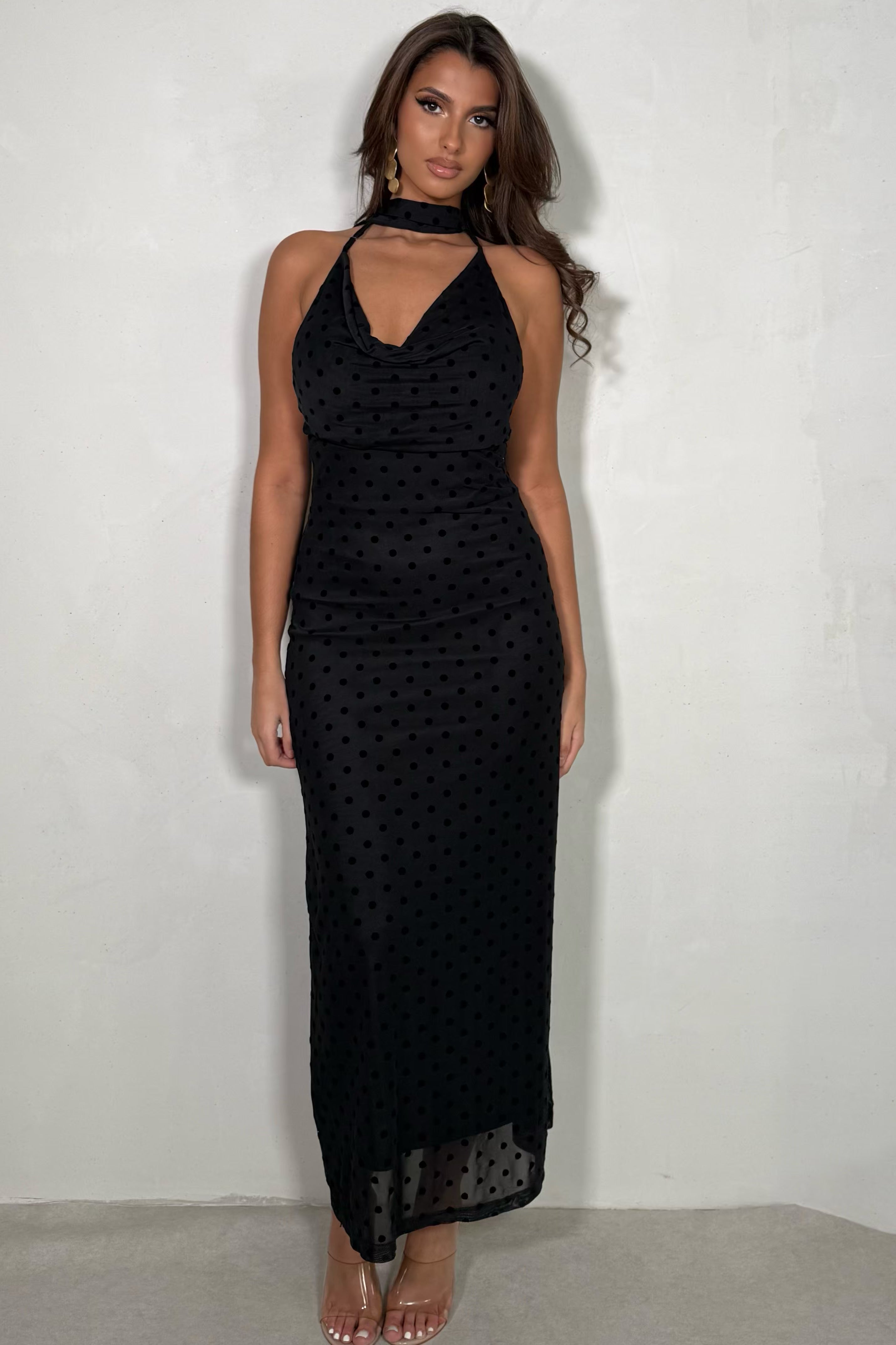 Robe à pois drapée avec châle  femme