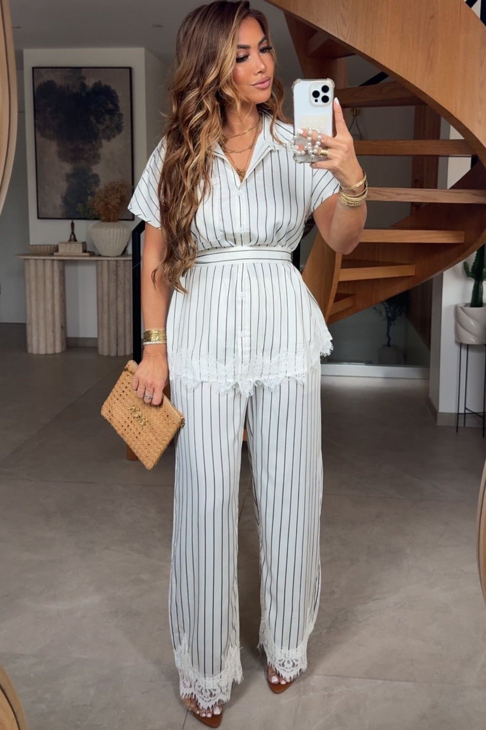 Pantalon Fluide Rayures & Bas Dentelle Coupe Droite Femme