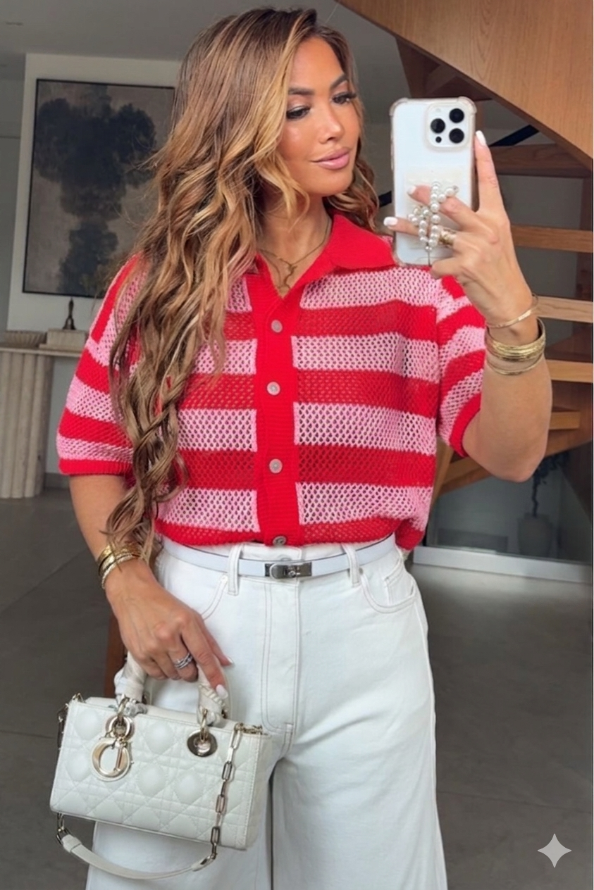 Polo Femme en Maille Crochet Rayé