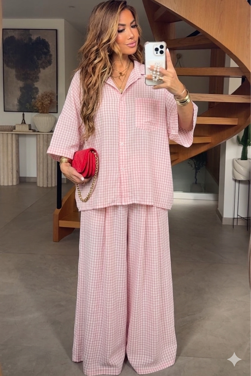 Ensemble Femme Chemise et Pantalon Large Vichy