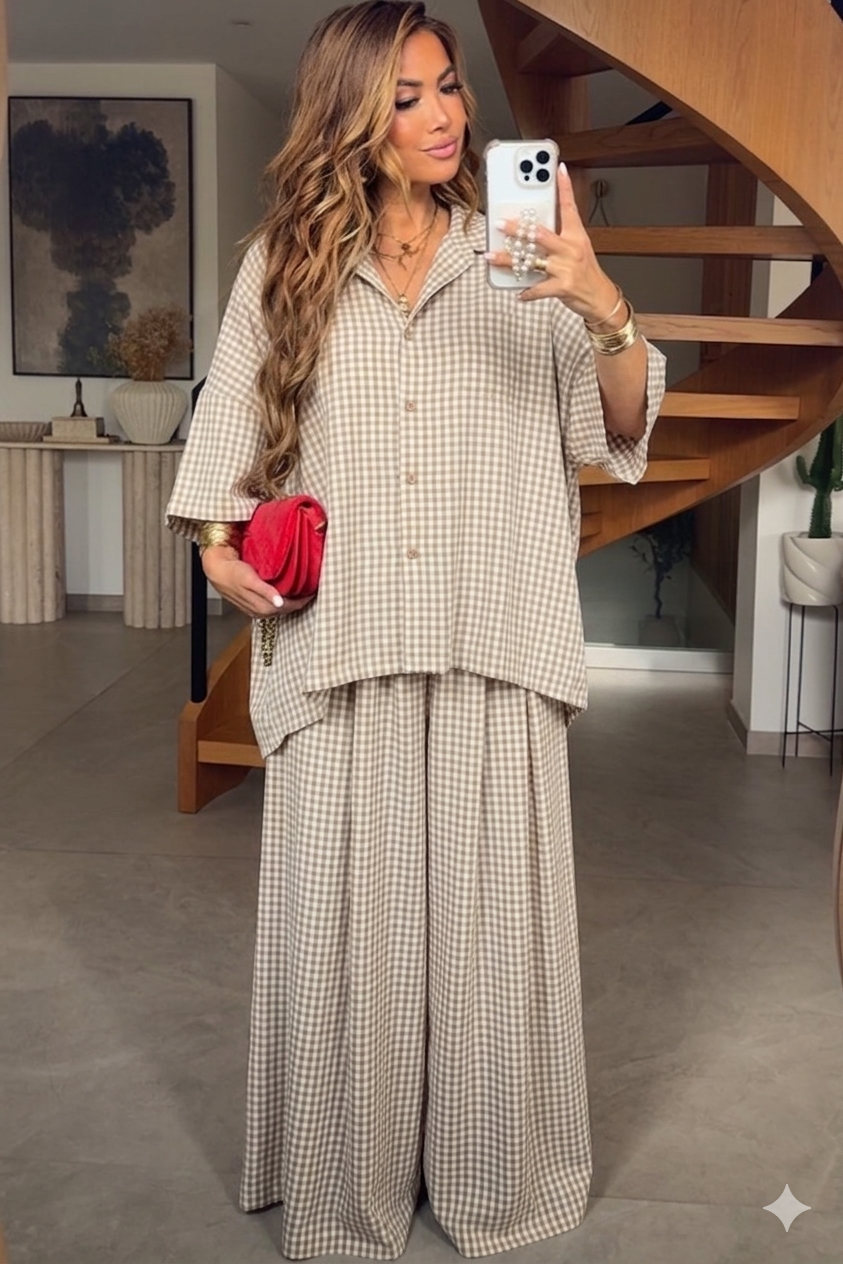 Ensemble Femme Chemise et Pantalon Large Vichy