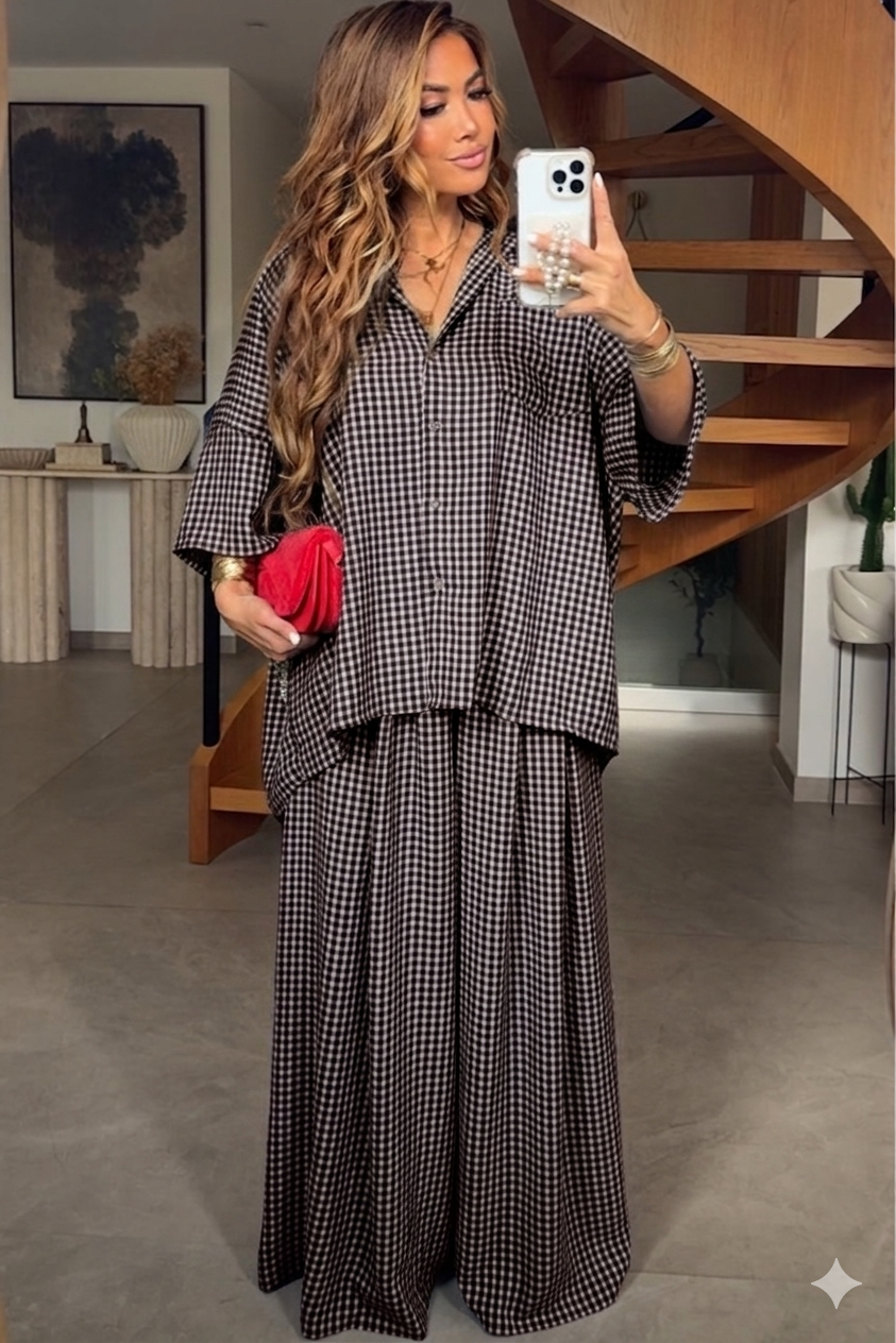 Ensemble Femme Chemise et Pantalon Large Vichy