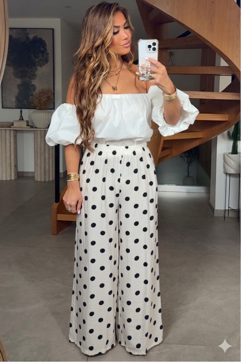 Pantalon Large Fluide à Pois Femme