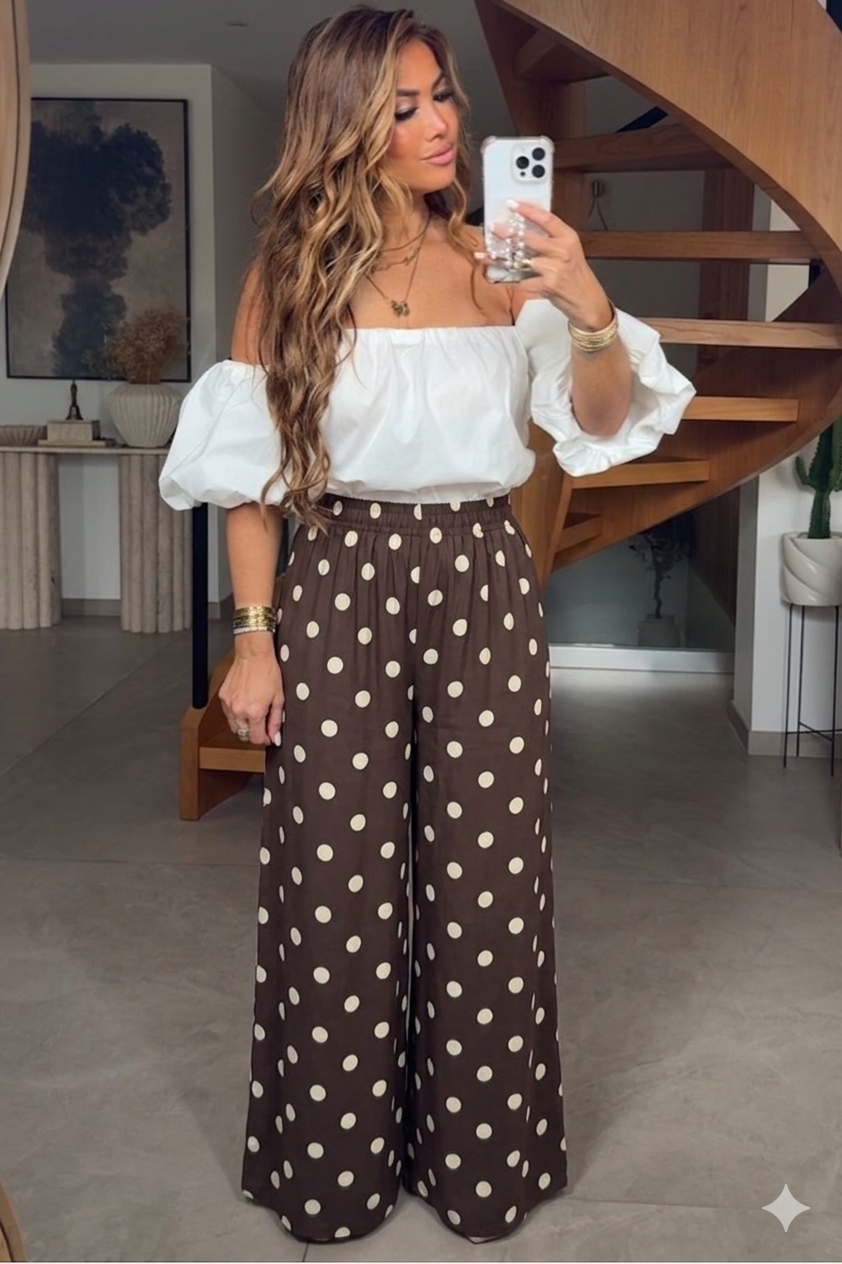 Pantalon Large Fluide à Pois Femme