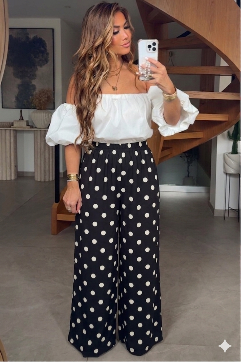 Pantalon Large Fluide à Pois Femme