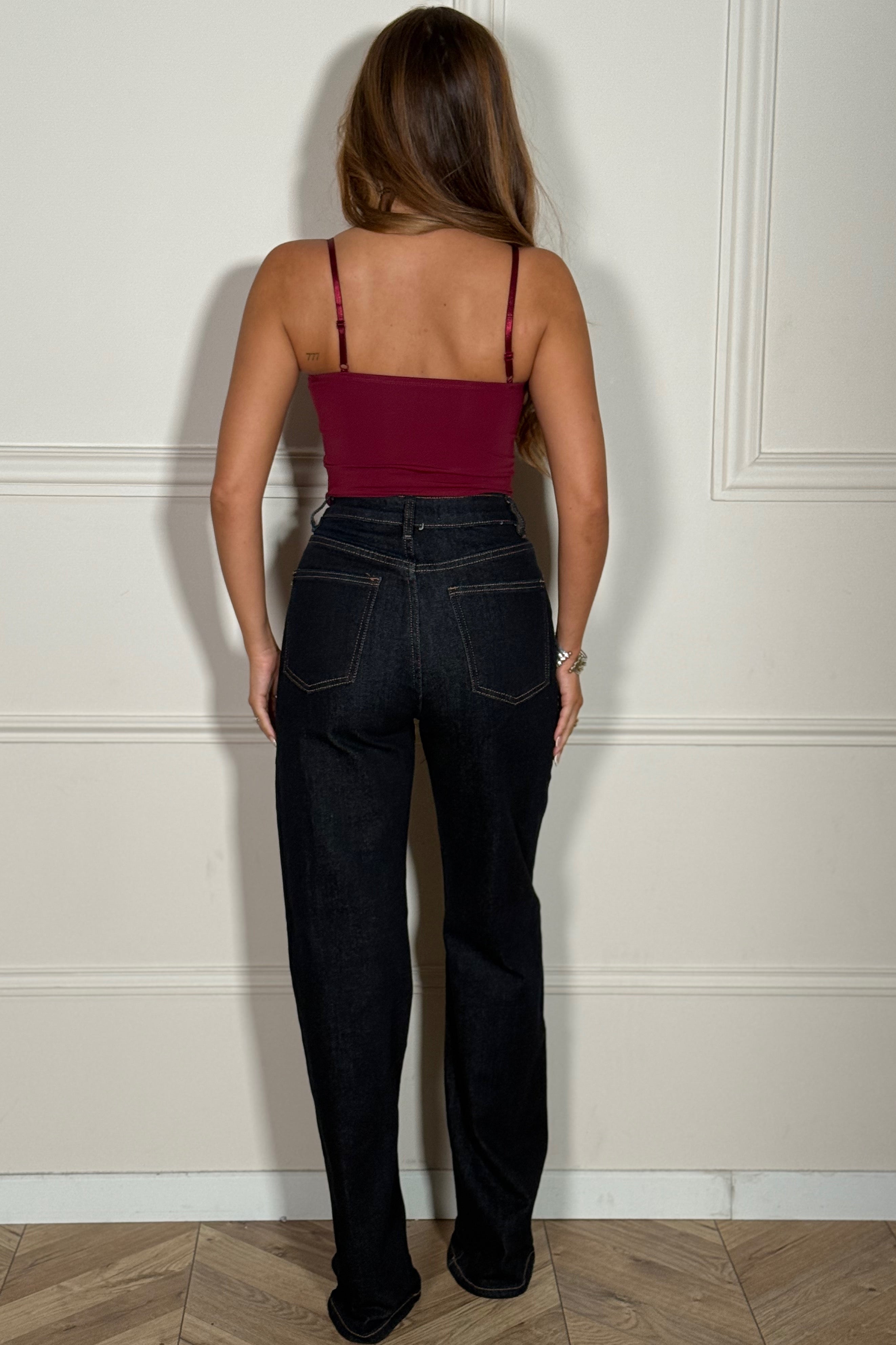Vue arrière jean wide leg taille haute femme