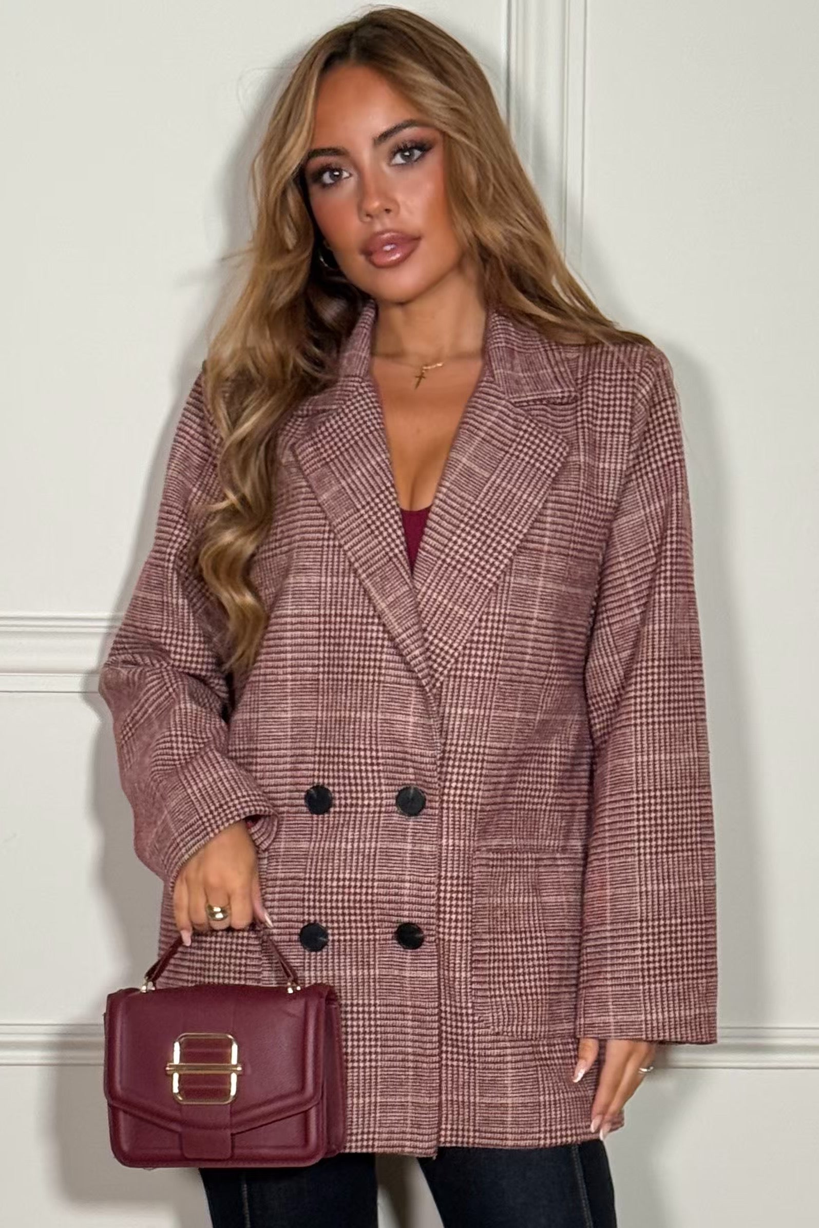 Blazer Croisé Femme à Carreaux Élégant avec Poches - Style Professionnel