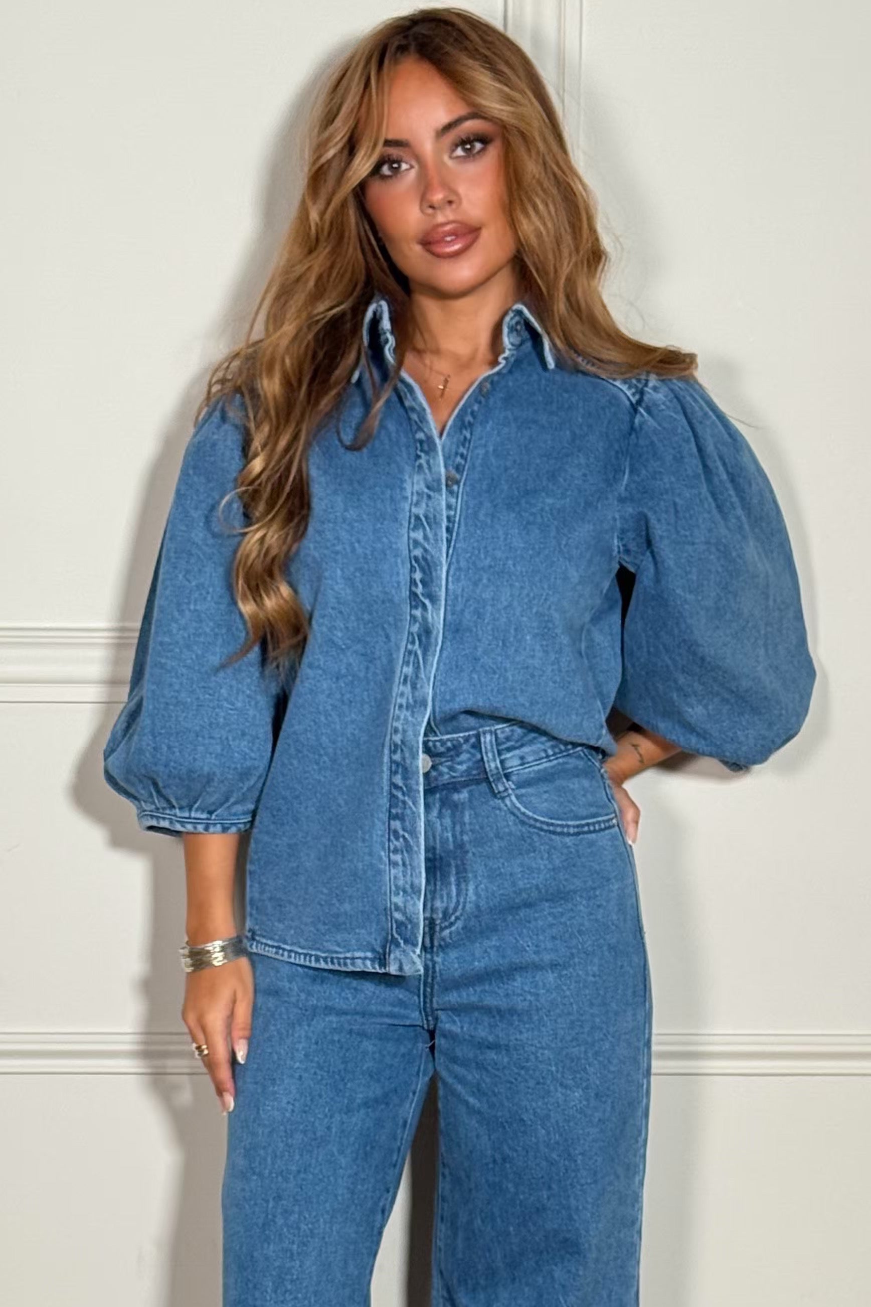 Chemise Denim Manches 3/4 Femme - Style Décontracté Chic