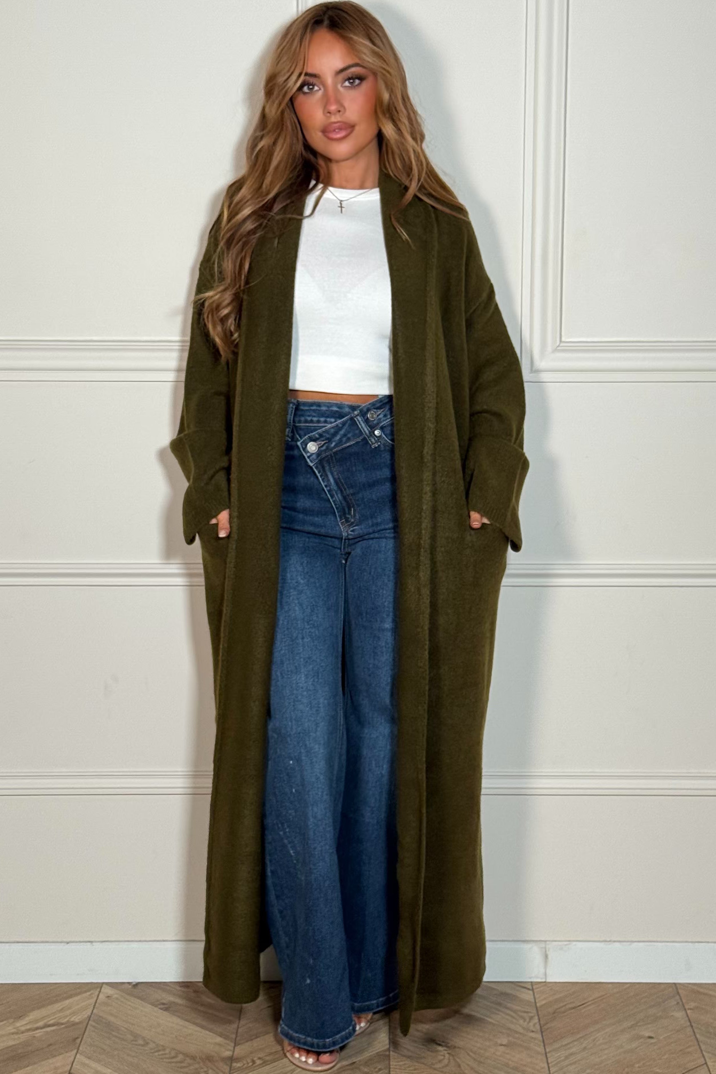 Gilet Long Maxi à Revers et Poches Femme - Élégance Moderne