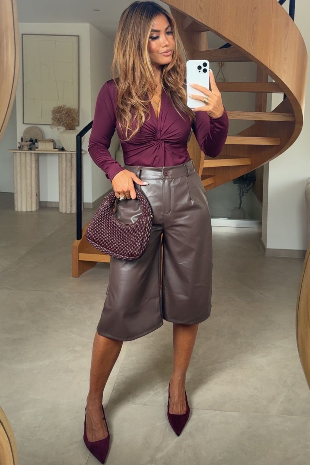 Bermuda femme simili cuir avec pinces structurées - vue complète