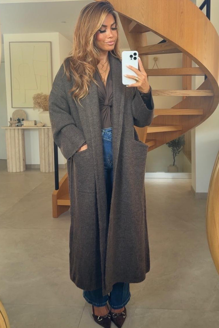 Gilet Long Maxi à Revers et Poches Femme - Élégance Moderne