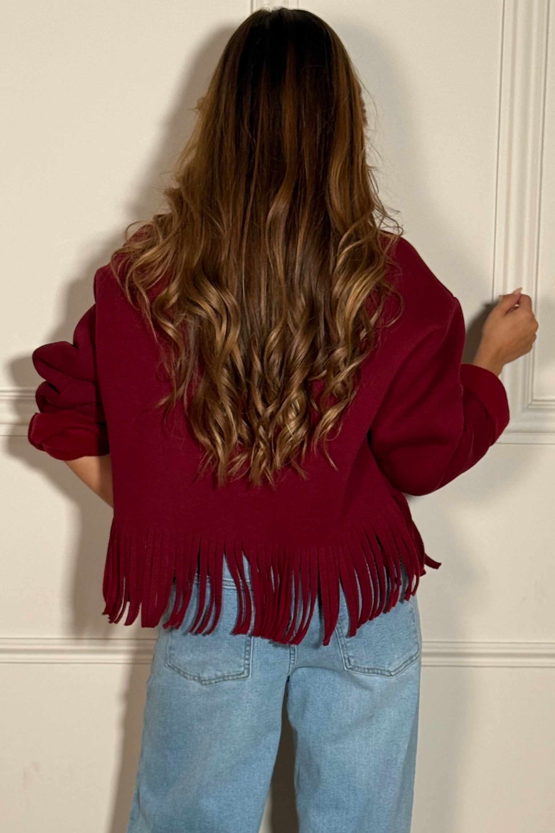 Sweat à franges femme bordeaux - vue de dos - finition soignée BLOOSHOP