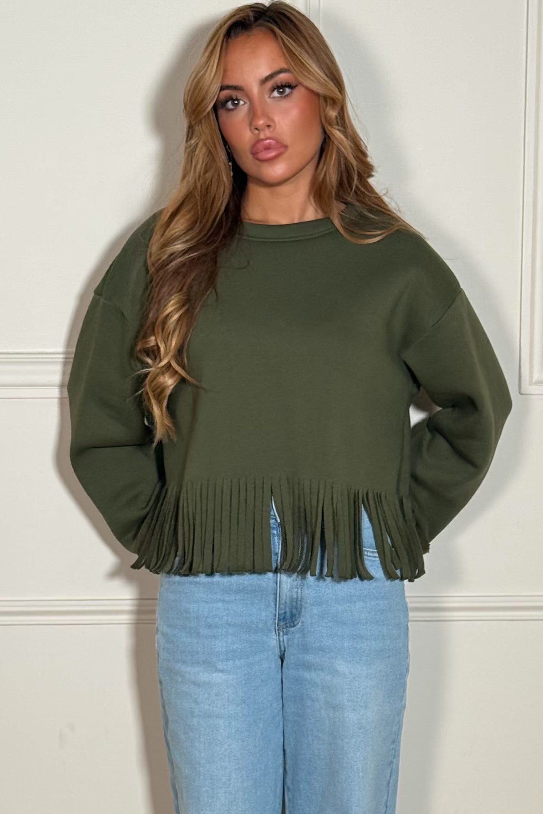 Sweat à franges femme kaki - vue de face - tendance mode féminine BLOOSHOP